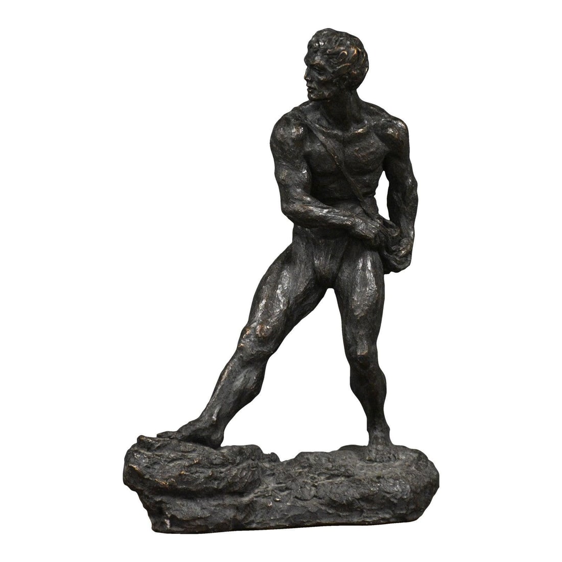 1967 Thomas Holland Brutalist Man With Sling Sculpture USA: 1967 Thomas Holland Brutalist Man With Sling Sculpture USA This striking Brutalist sculpture, titled "Man With A Sling," is a remarkable piece by artist Thomas Holland. Crafted from stone resin to mim