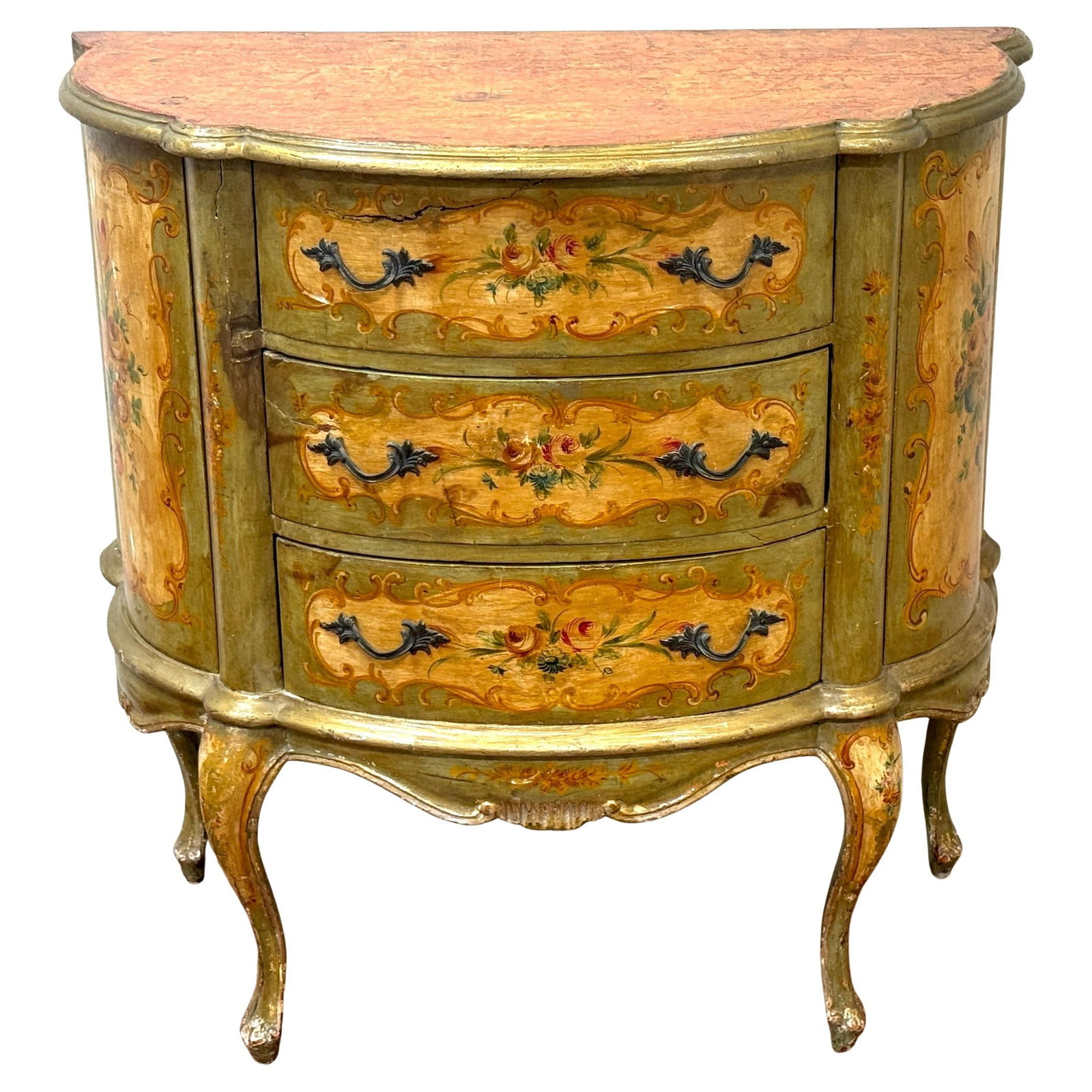 Late 19th Century Venetian Rococo Polychromed Commode with Marbleized Top: Late 19th Century Venetian Rococo Polychromed Commode with Marbleized Top This exquisite late 19th-century Venetian polychromed chest or commode is a stunning example of Rococo Revival design, featuri