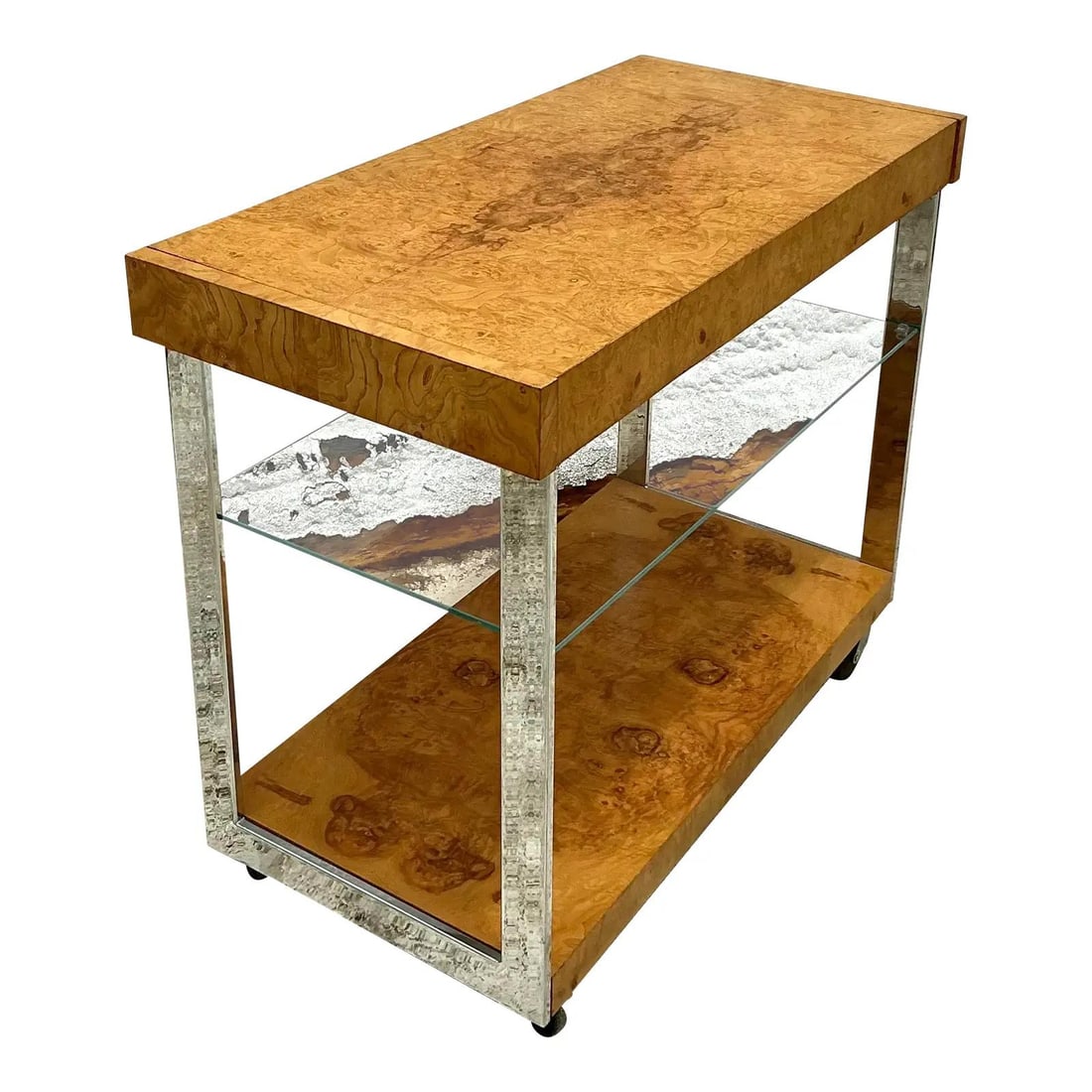 Mid-Century Modern Extendable Burl Wood Bar Cart After Milo Baughman: Mid-Century Modern Extendable Burl Wood Bar Cart After Milo Baughman Elevate your entertaining experience with this Vintage Burl Wood Extendable Bar Cart, inspired by the designs of Milo Baughman. Cra