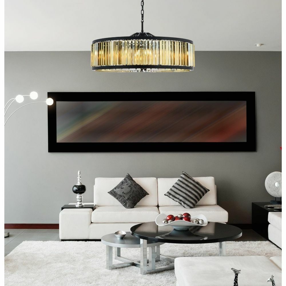 Chelsea 10-Light Matte Black Crystal Chandelier 43.5 inch: Chelsea 10-Light Matte Black Crystal Chandelier 43.5 inch This large modern chandelier features a striking matte black frame adorned with high-quality golden teak royal cut crystals, creating a sophis