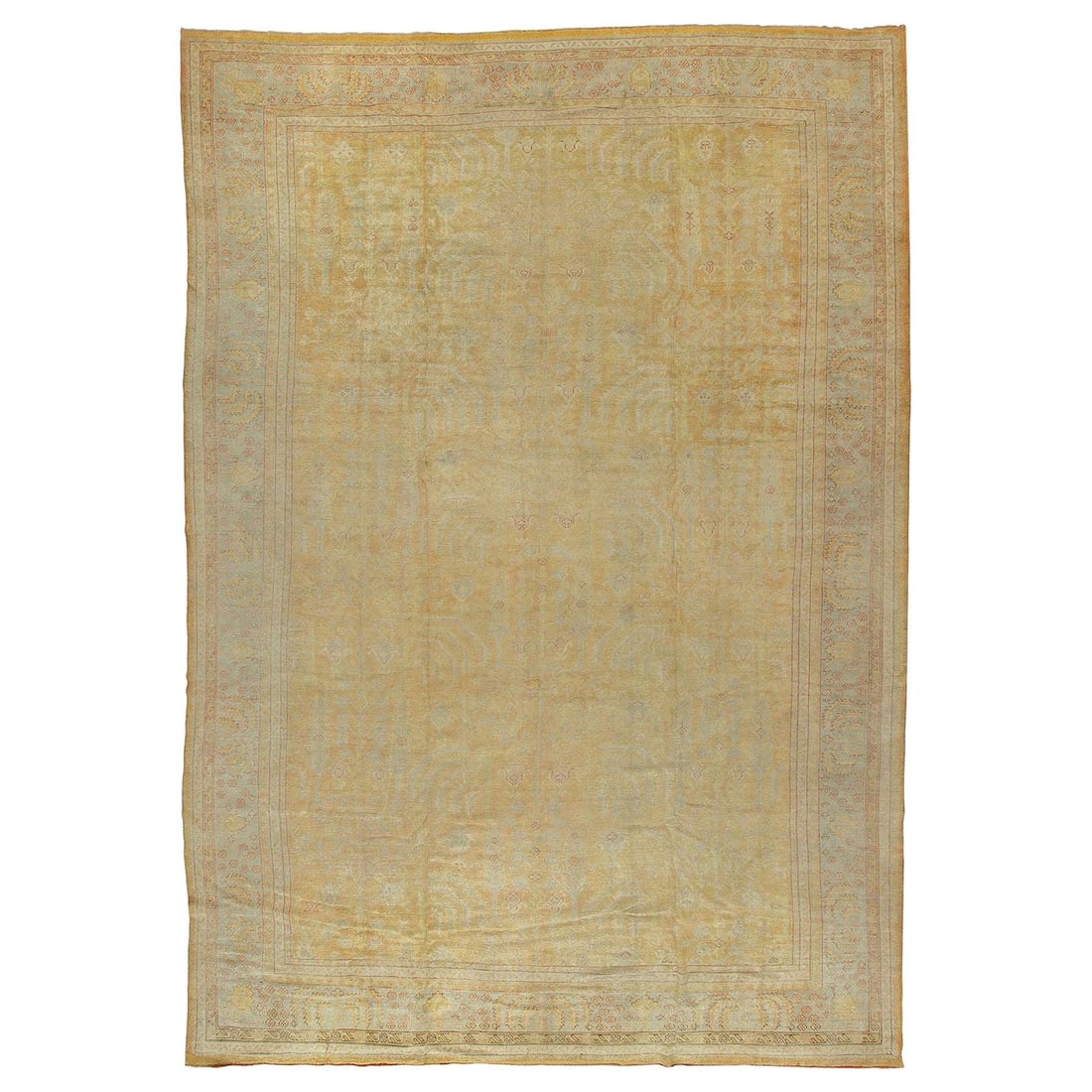 Antique Oushak Rug 12' x 17'2" Pale Yellow Wool Hand-Knotted Turkey: Antique Oushak Rug 12' x 17'2" Pale Yellow Wool Hand-Knotted Turkey This spectacular antique Oushak rug features a rare pale yellow ground adorned with an elegant all-over cypress tree motif. Hand-kno