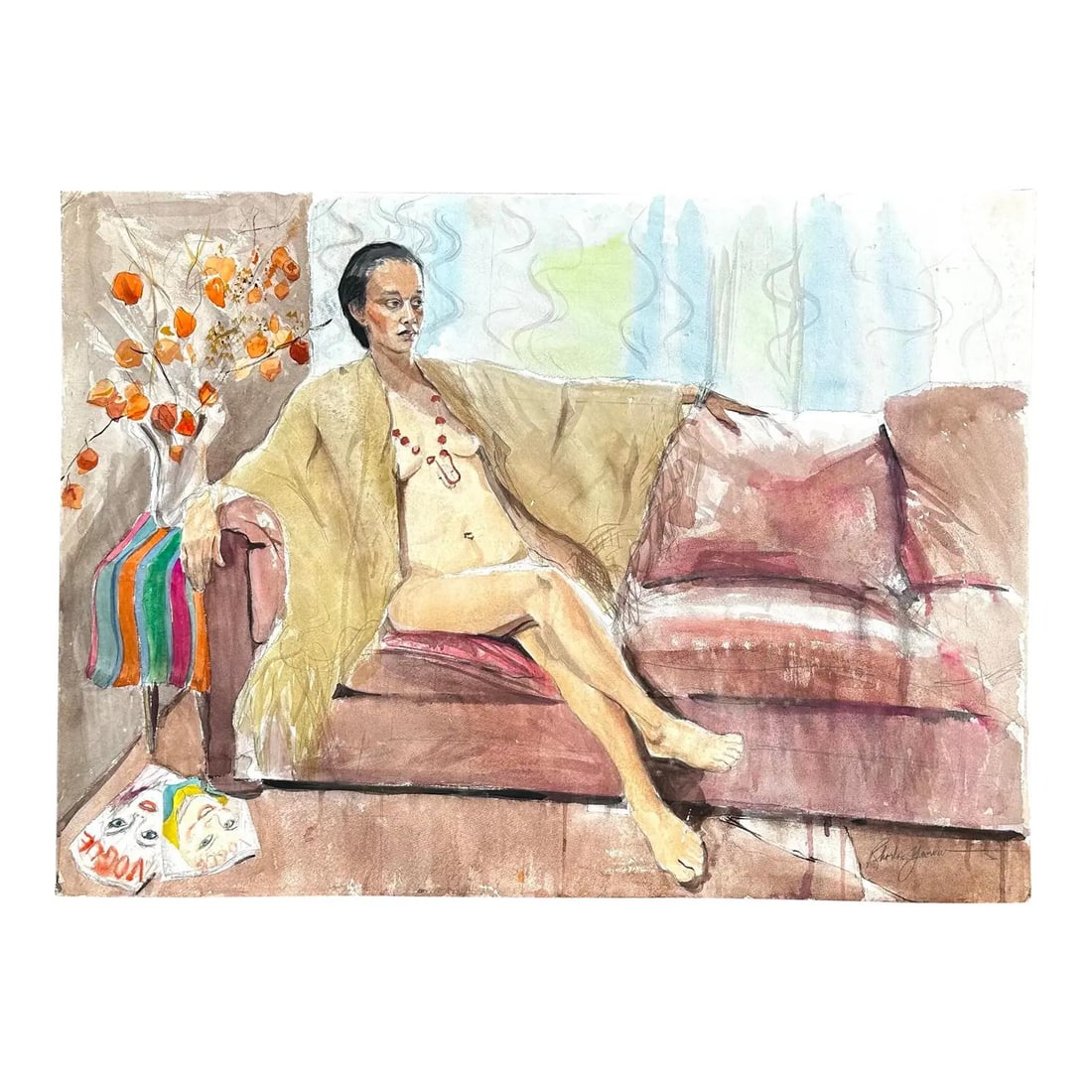 Bohemian Figural Oil Painting on Canvas Framed Mid 20th Century Art: Bohemian Figural Oil Painting on Canvas Framed Mid 20th Century Art This mid-20th century boho figural oil on canvas painting showcases a serene human form set within a relaxed, intimate interior. The