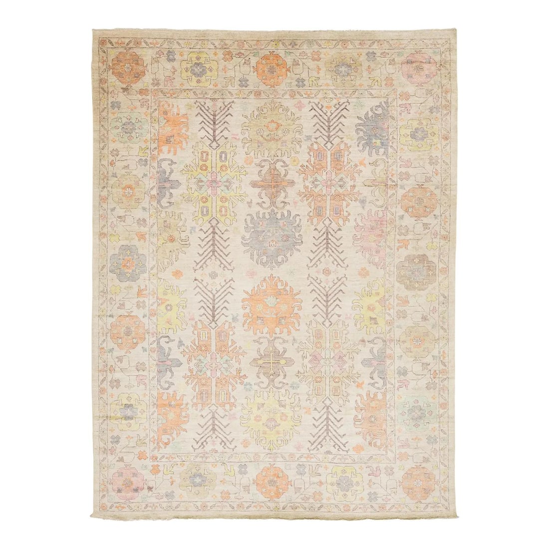 10' x 13'4" Hand-Knotted Wool Modern Oushak Style Pastel Area Rug: 10' x 13'4" Hand-Knotted Wool Modern Oushak Style Pastel Area Rug This Modern Oushak Style area rug features traditional Turkish motifs reimagined in a contemporary pastel palette. Hand-knotted from h