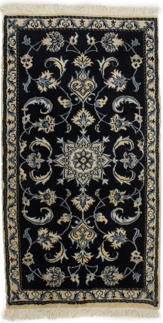 Hand-Knotted Nain Oriental Rug 2'2 x 4'7 Floral Wool Cream: Hand-Knotted Nain Oriental Rug 2'2 x 4'7 Floral Wool Cream Enhance your living space with this exquisite 2'2" x 4'7" thick pile Nain oriental rug. Crafted from high-quality wool, this plush cream carp