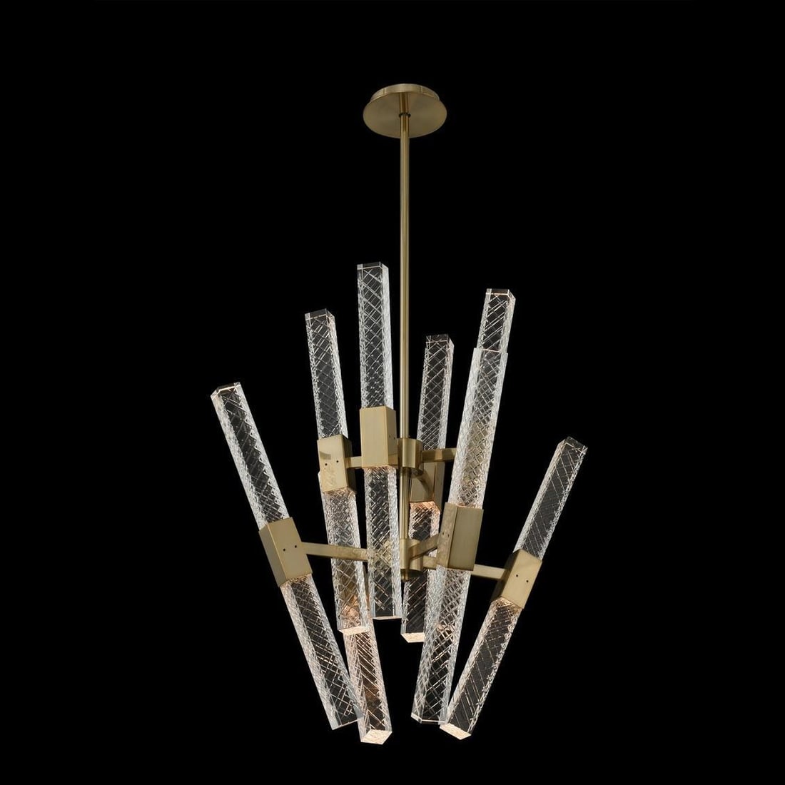 Kalco Apollo 16-Light LED Chandelier Brushed Champagne Gold Firenze Crystal: Kalco Apollo 16-Light LED Chandelier Brushed Champagne Gold Firenze Crystal Illuminate your space with the Elegant Apollo Chandelier, a stunning centerpiece featuring clear Firenze crystal rods and a 