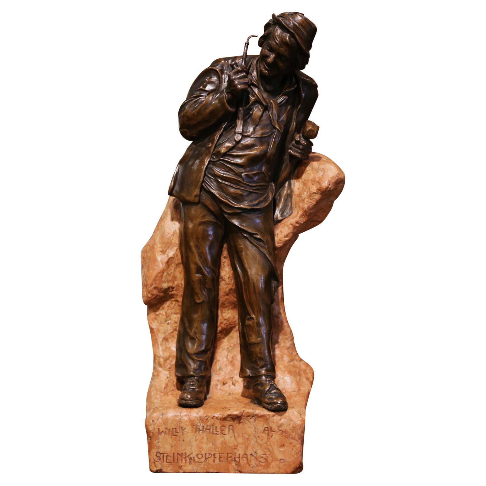 19th Century Bronze Sculpture Signed Willy Thaller Steinklopferhans: 19th Century Bronze Sculpture Signed Willy Thaller Steinklopferhans Enhance your study or office with this captivating 19th Century Austrian bronze sculpture titled "Steinklopferhans," crafted around 