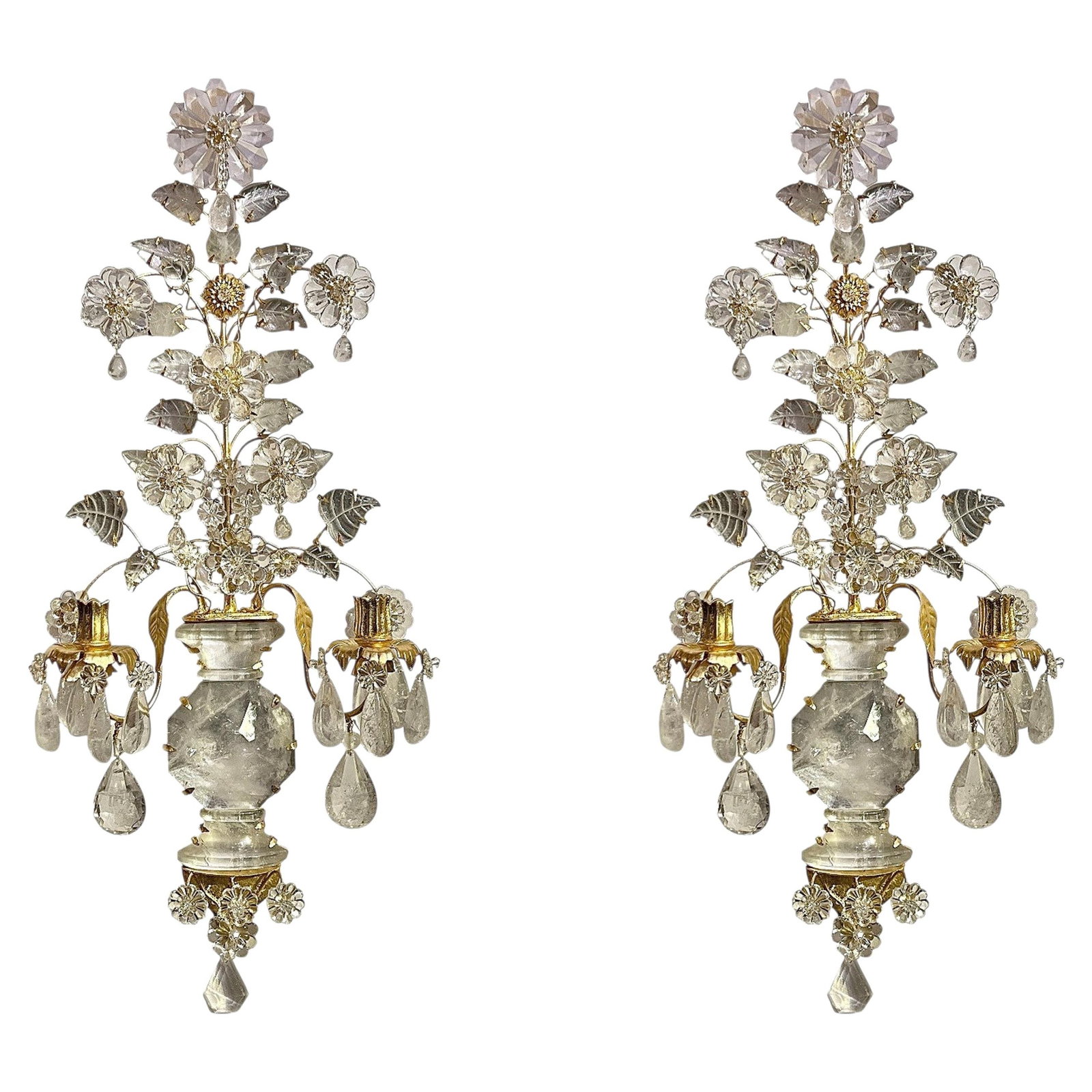 Set of 2 Maison Bagues Style Gilt Metal Rock Crystal Wall Sconces (1 of 8)