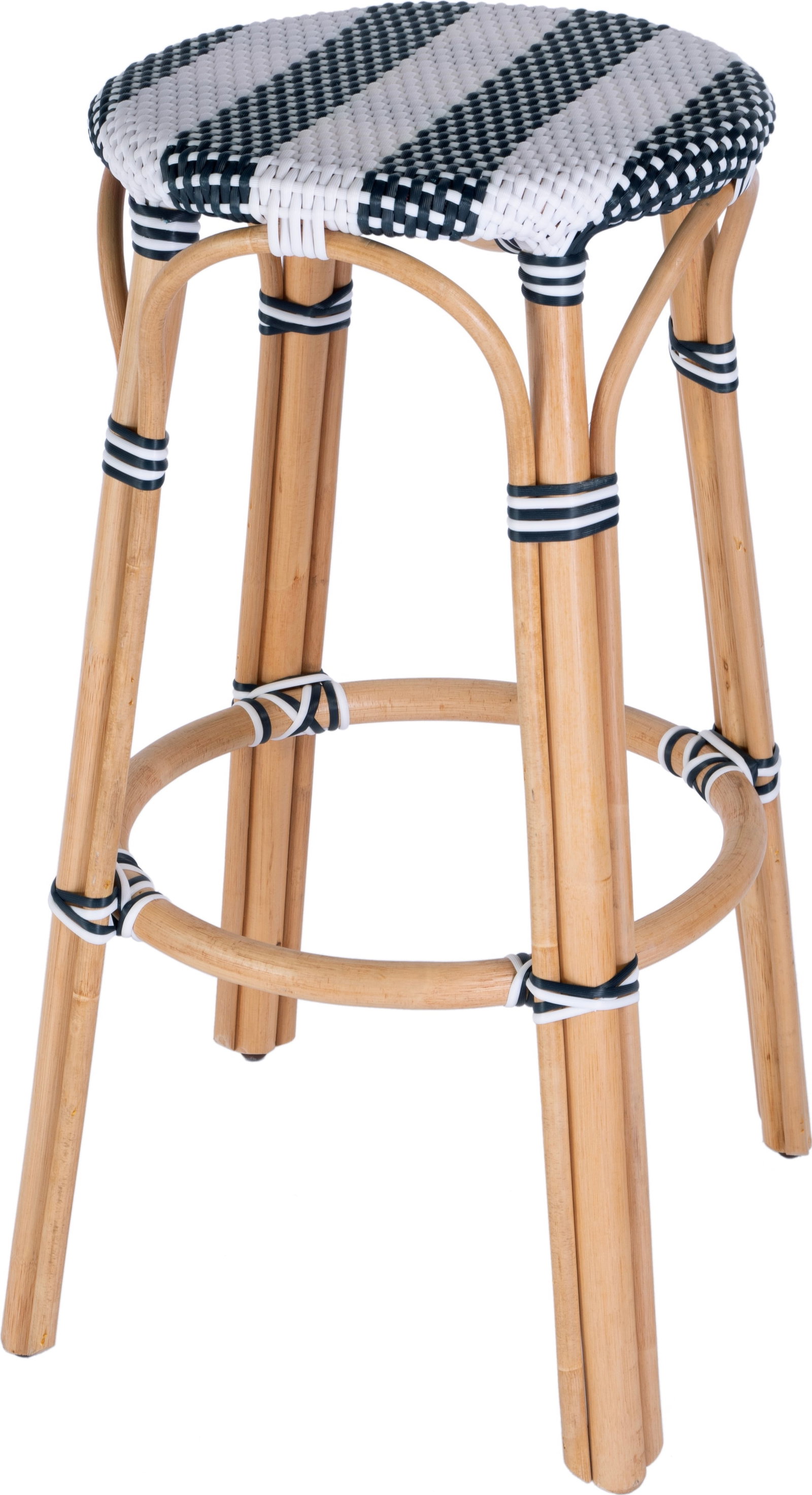 Butler Tobias Coastal Barstool Blue Woven Pattern Rattan Frame (1 of 6)