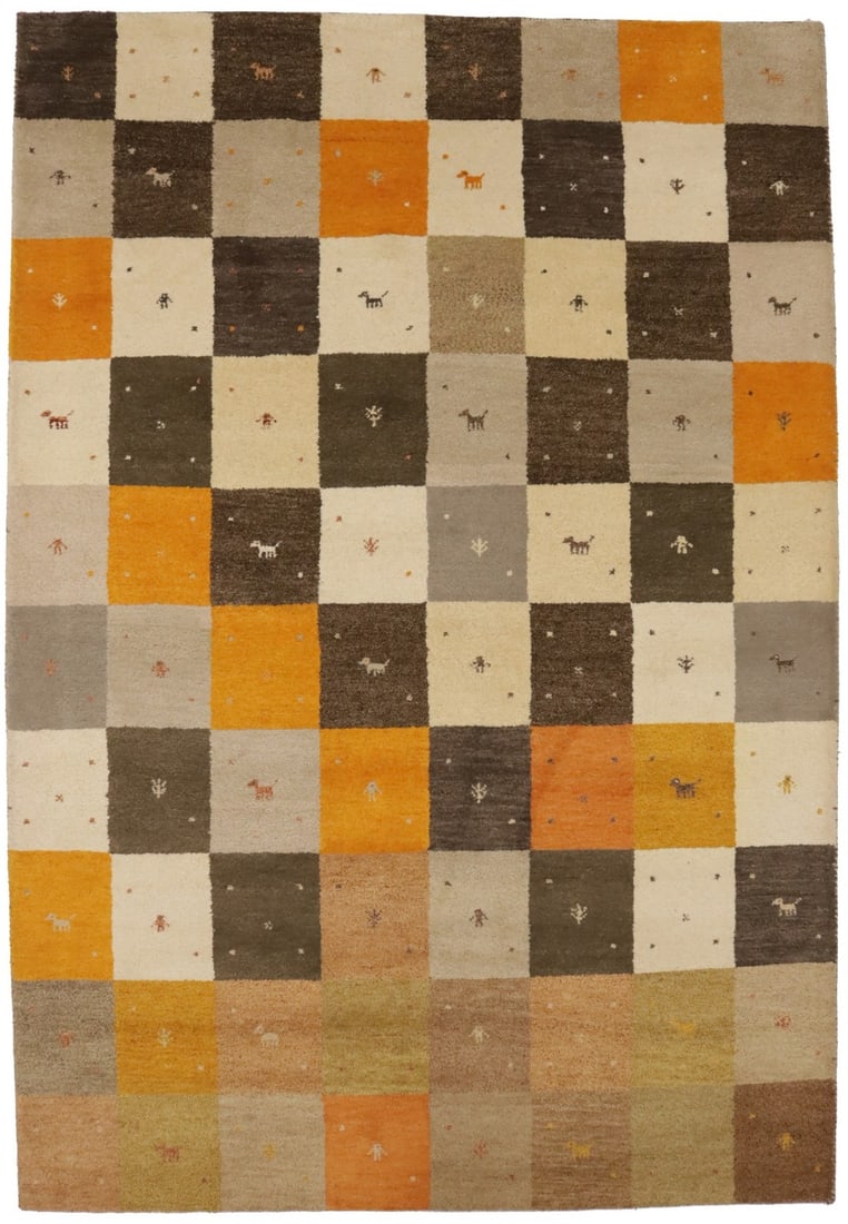 Hand-Knotted Multicolored Tribal Gabbeh Area Rug 6'8 x 9'9 Eco-Friendly: Hand-Knotted Multicolored Tribal Gabbeh Area Rug 6'8 x 9'9 Eco-Friendly Transform your space with this stunning Modern Gabbeh Rug, a perfect blend of colorful tribal design and contemporary style. Mea