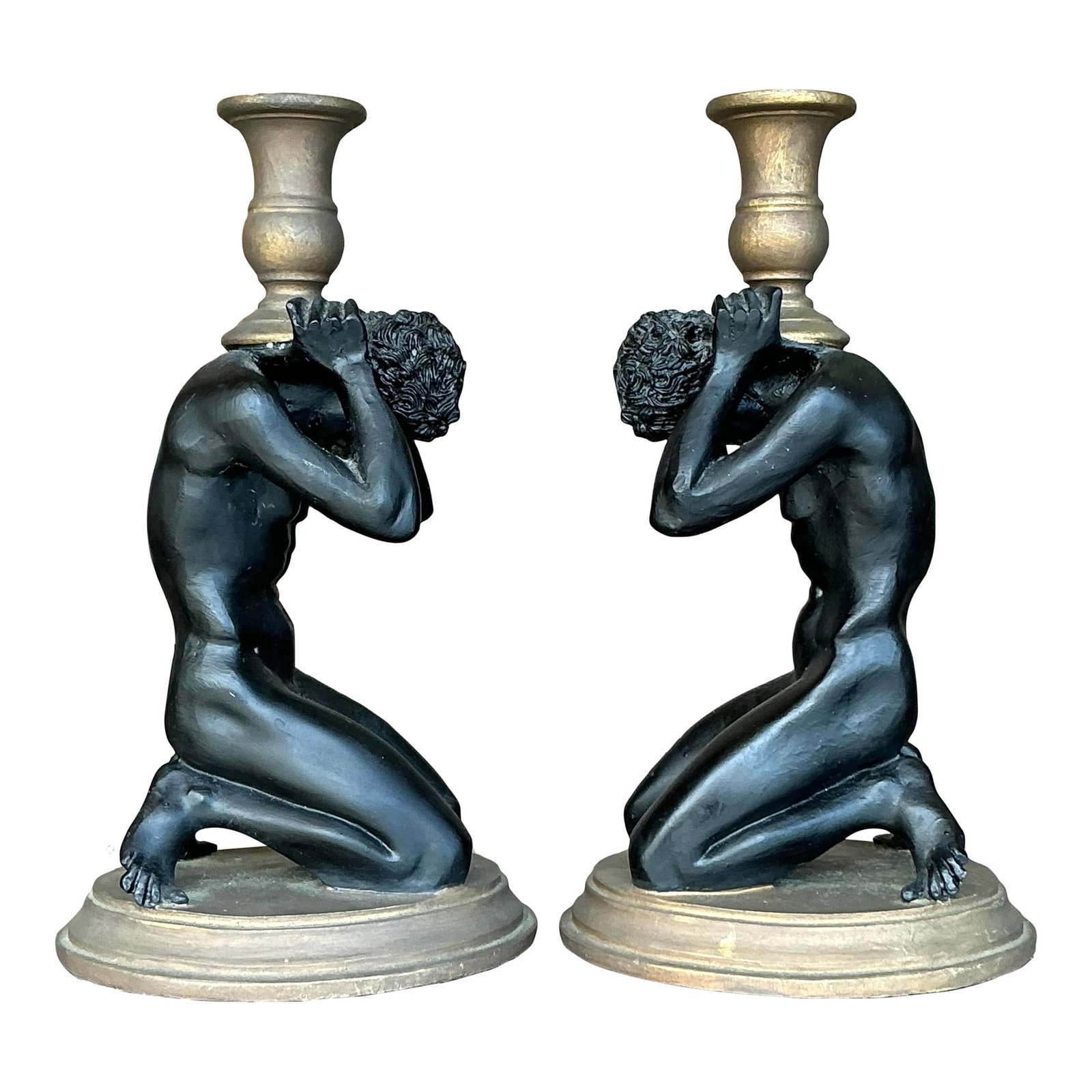 Vintage Boho Black Male Figure Candlesticks Pair: Vintage Boho Black Male Figure Candlesticks Pair Enhance your home decor with this stunning pair of vintage Boho male figure candlesticks. Each candlestick features a striking black sculptural design 