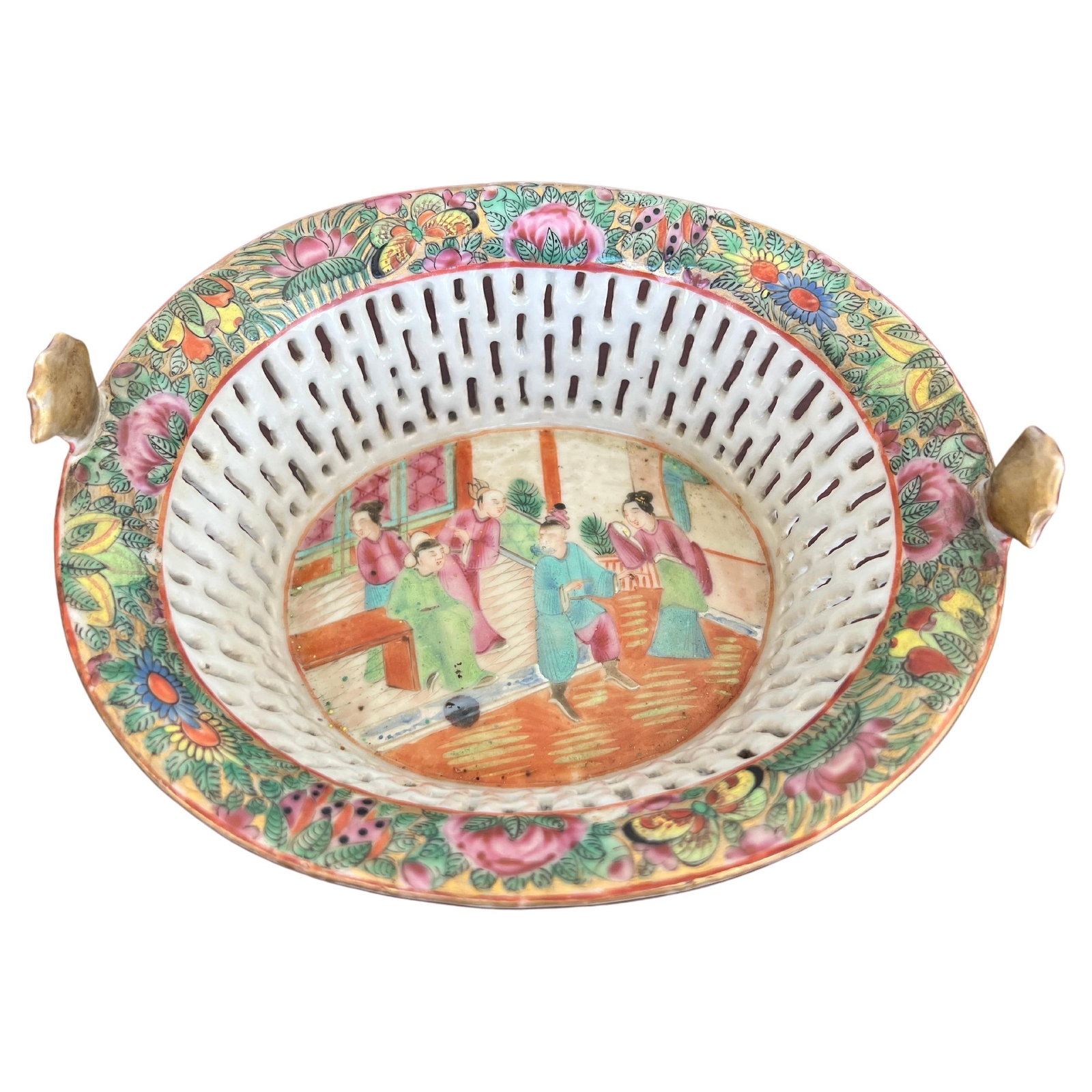 19th Century Chinese Export Famille Rose Medallion Porcelain Chestnut Basket (1 of 7)