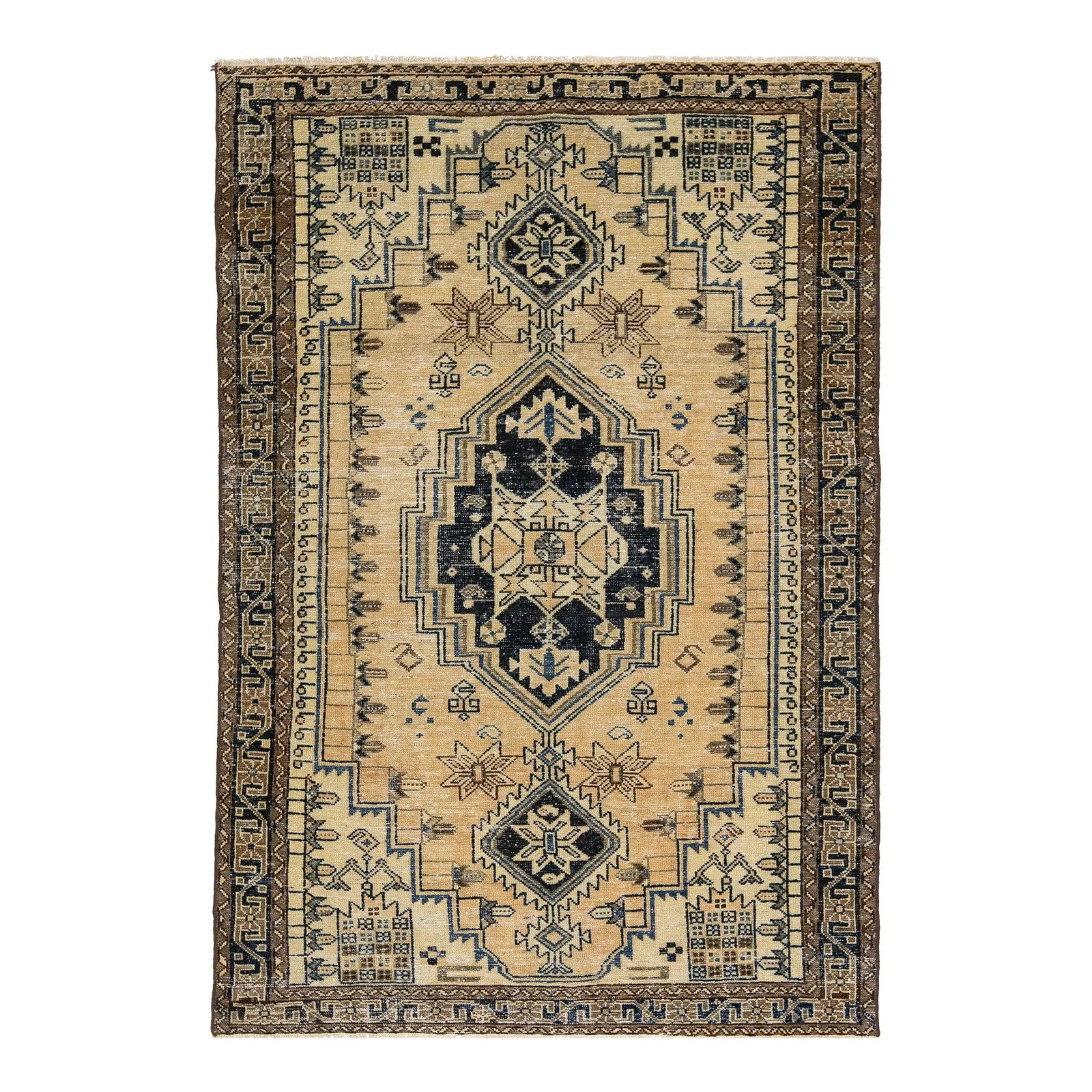 Beige Tribal Design Vintage Handmade Wool Rug 4'1 x 6'1: Beige Tribal Design Vintage Handmade Wool Rug 4'1 x 6'1 Enhance your living space with this exquisite vintage handmade wool rug, showcasing a beautiful beige field adorned with striking blue and brown