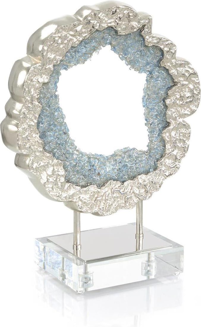John-Richard Sea Blue Hammered Nickel Geode Sculpture 20.5H 16W 7D: John-Richard Sea Blue Hammered Nickel Geode Sculpture 20.5H 16W 7D This chic modern decor piece features a stunning geode sculpture crafted from hammered nickel with a striking sea blue finish. Standi