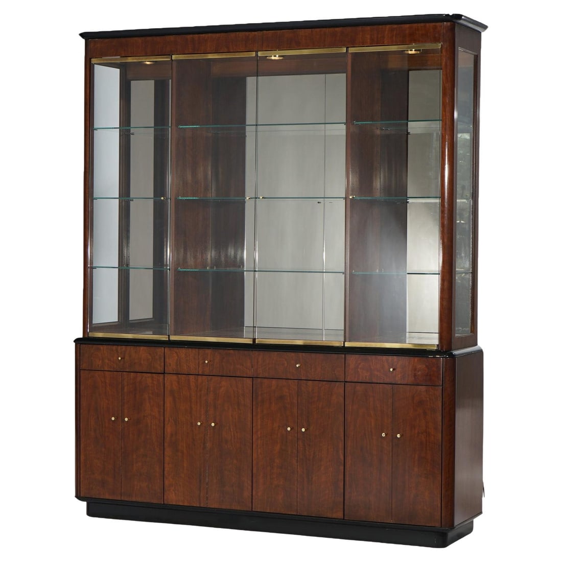 Profiles Line Mahogany and Ebonized Breakfront Cabinet Mid-Century Modern: Profiles Line Mahogany and Ebonized Breakfront Cabinet Mid-Century Modern This Mid-Century Modern breakfront cabinet from the Profiles line by Drexel features a glass upper display section over a maho