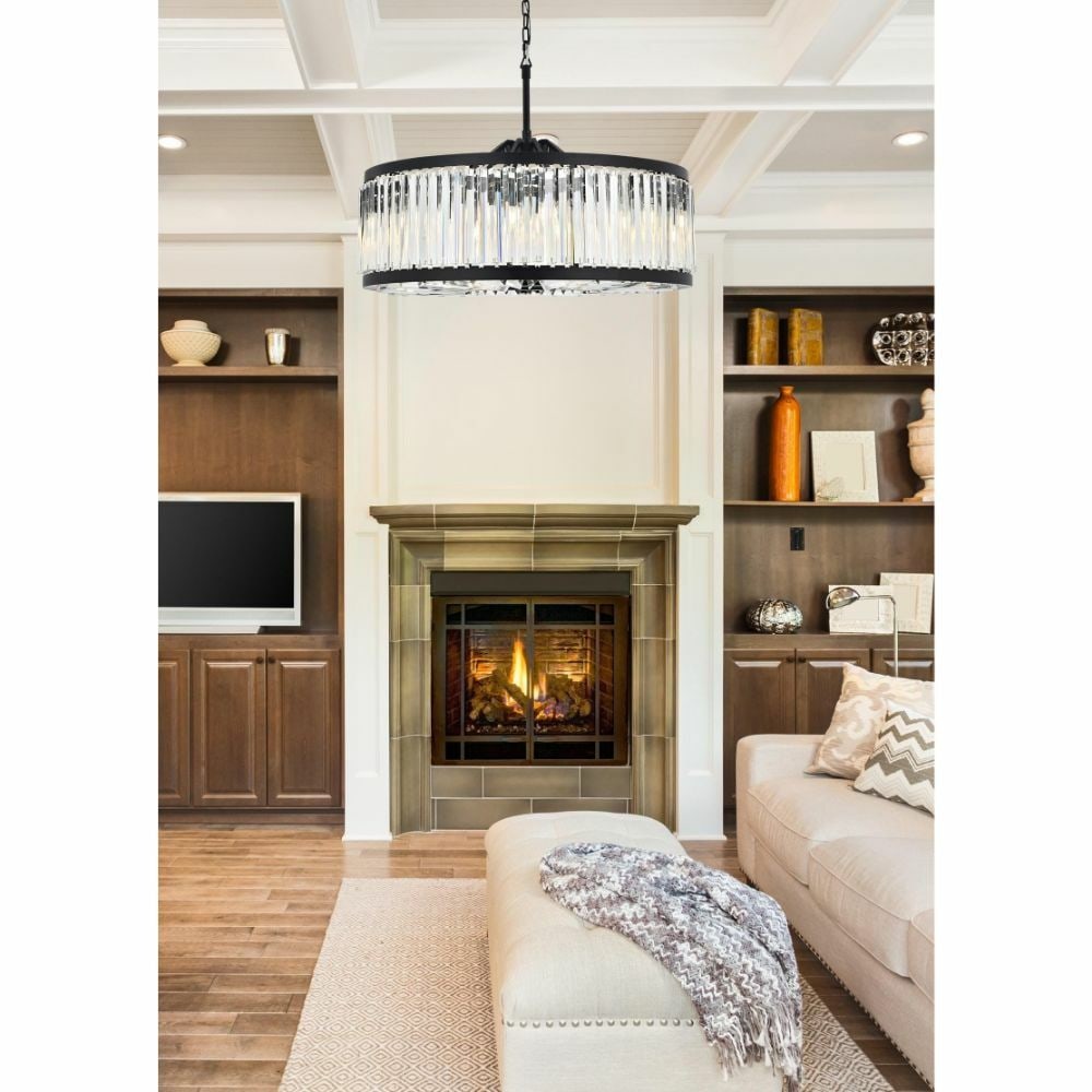 Chelsea 10-Light Matte Black Crystal Chandelier 35.5 inch: Chelsea 10-Light Matte Black Crystal Chandelier 35.5 inch This modern chandelier features a matte black frame with clear royal cut crystals, offering a striking centerpiece for foyers, dining rooms, a