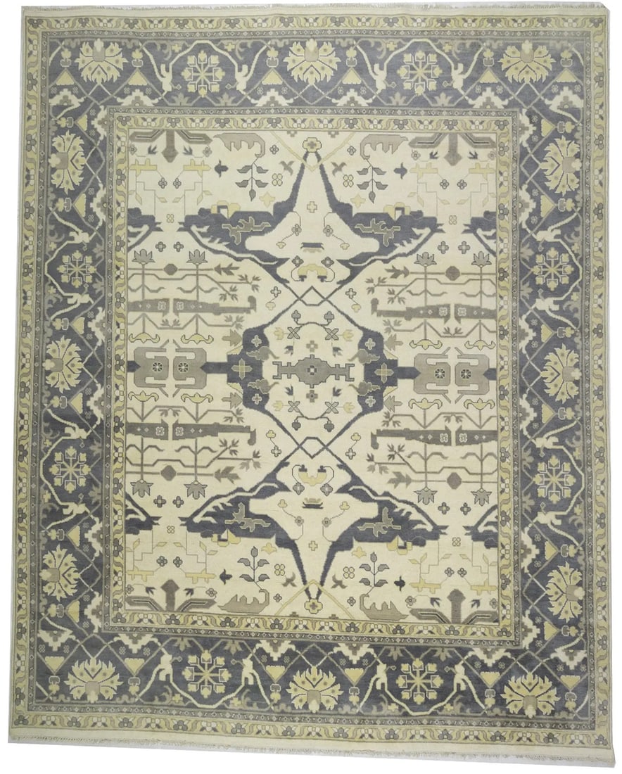 12' x 14'11" Wool Area Rug Floral Hand-Knotted Oushak Design India: 12' x 14'11" Wool Area Rug Floral Hand-Knotted Oushak Design India This handmade Oushak-style area rug features a traditional floral pattern with muted tones of cream, taupe, dark taupe, buff, and bei
