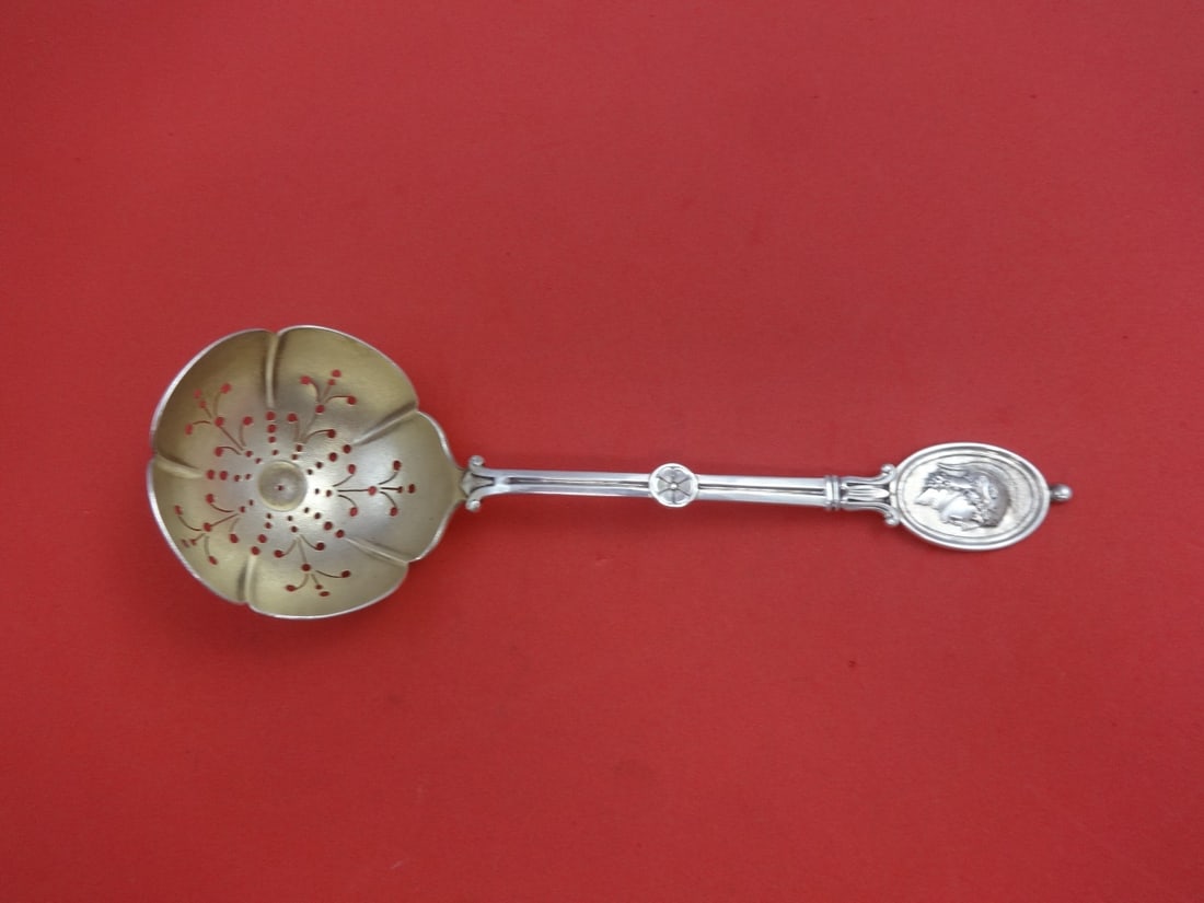 Wendt Medallion Sterling Silver Sugar Sifter Pea Spoon 7 3/4" Gold Wash (1 of 1)