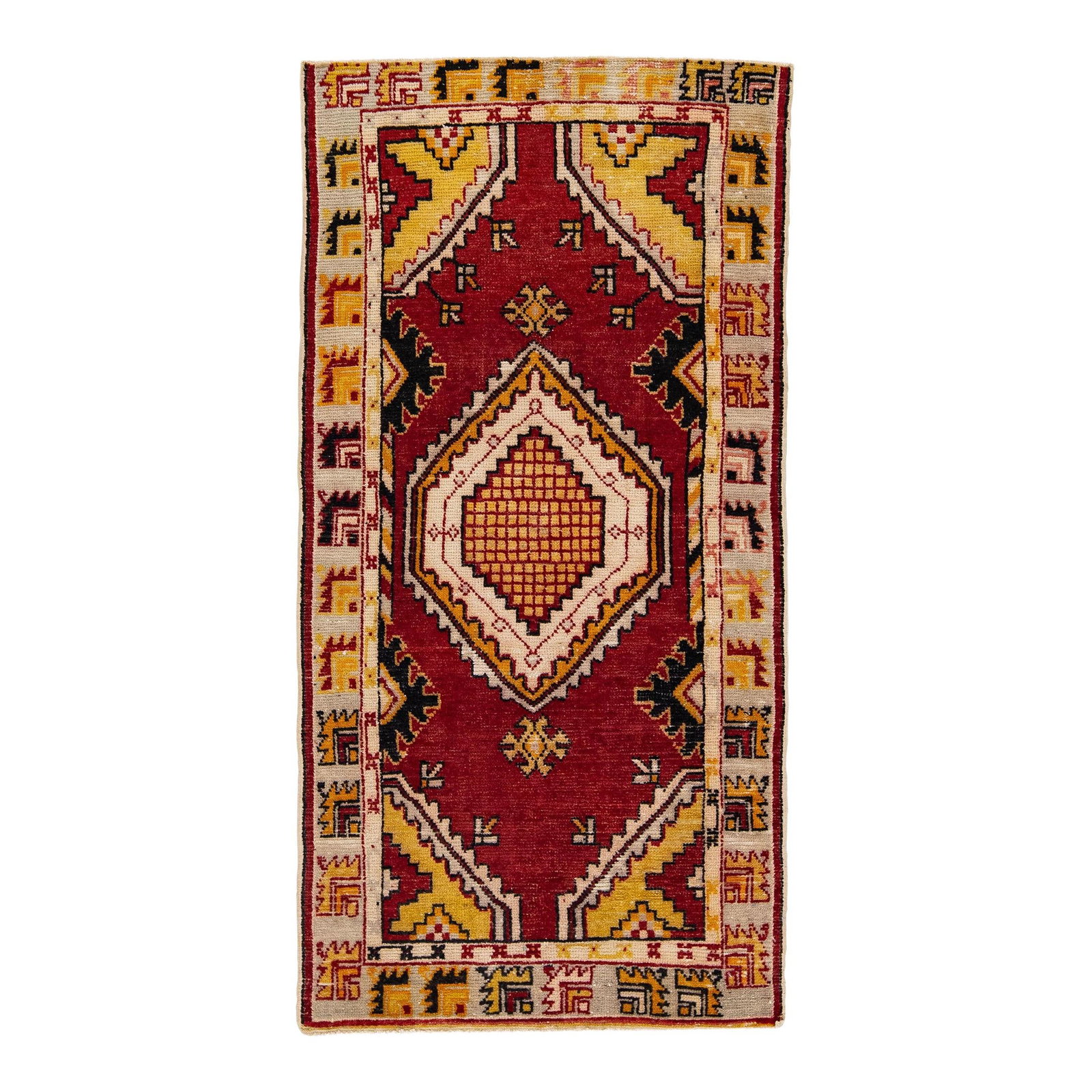 Vintage Turkish Anatolian Handmade Red Wool Rug 2'6" x 5' Geometric Design: Vintage Turkish Anatolian Handmade Red Wool Rug 2'6" x 5' Geometric Design This stunning vintage Turkish Anatolian rug showcases exquisite hand-knotting with a vibrant red color field. Framed in beige