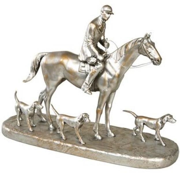 Hand-Painted Equestrian Sculpture of Huntsman with Foxhounds: Hand-Painted Equestrian Sculpture of Huntsman with Foxhounds This exquisite hand-painted equestrian sculpture is a stunning collectible that captures the essence of a huntsman accompanied by his three