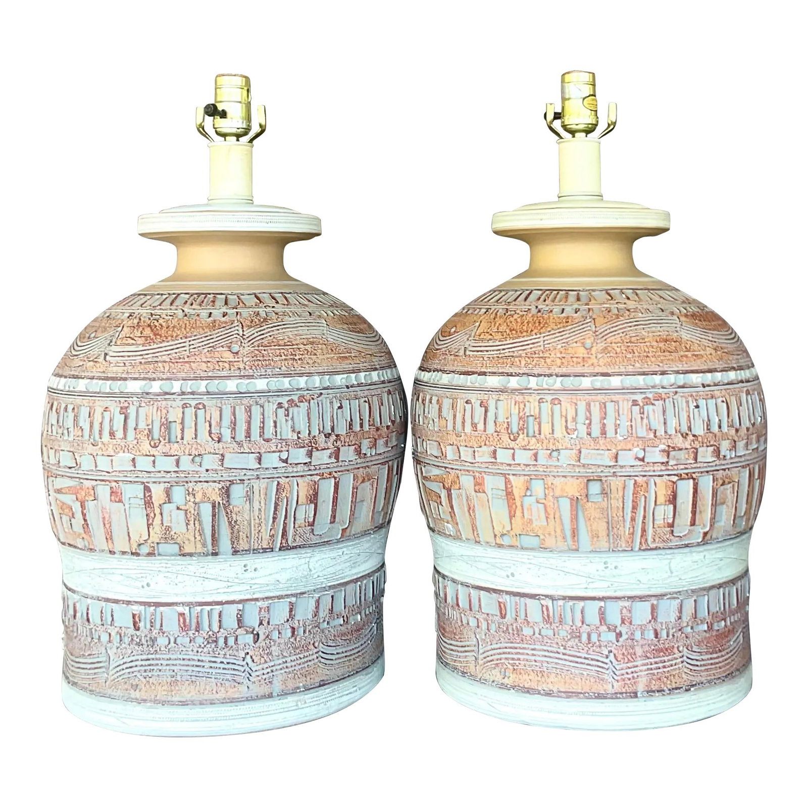 Vintage 1970s Boho Lamps Pair Ceramic Sienna Color: Vintage 1970s Boho Lamps Pair Ceramic Sienna Color Enhance your living space with this exquisite pair of vintage Boho casual lamps from the 1970s. Showcasing authentic American style, these lamps feat