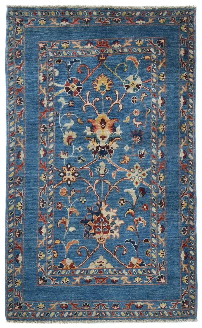 Handmade Blue Floral Kazak Oushak Wool Rug 2'11 x 4'10 Modern Design: Handmade Blue Floral Kazak Oushak Wool Rug 2'11 x 4'10 Modern Design Enhance your space with this Handmade Blue Kazak Oushak Rug, featuring a vibrant floral pattern in shades of blue, cream, rusty