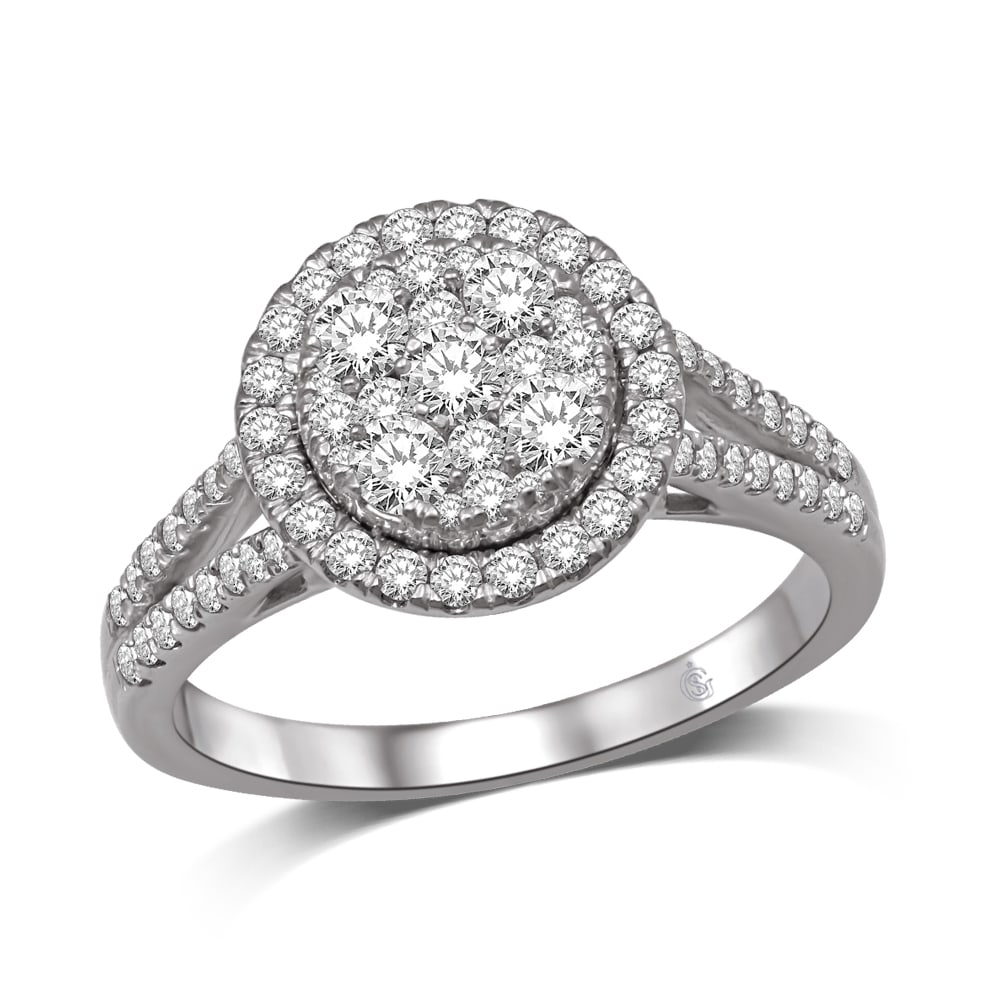 14K White Gold 9/10 Ct.Tw. Diamond Fashion Ring: 14K White Gold 9/10 Ct.Tw. Diamond Fashion Ring This Eye-Catching Ring Is Available In 14K White Gold. There Are 75 Round Diamonds With A Total Carat Weight Of 9/10 Ct.Tw. Set In A Invisible Prong / M