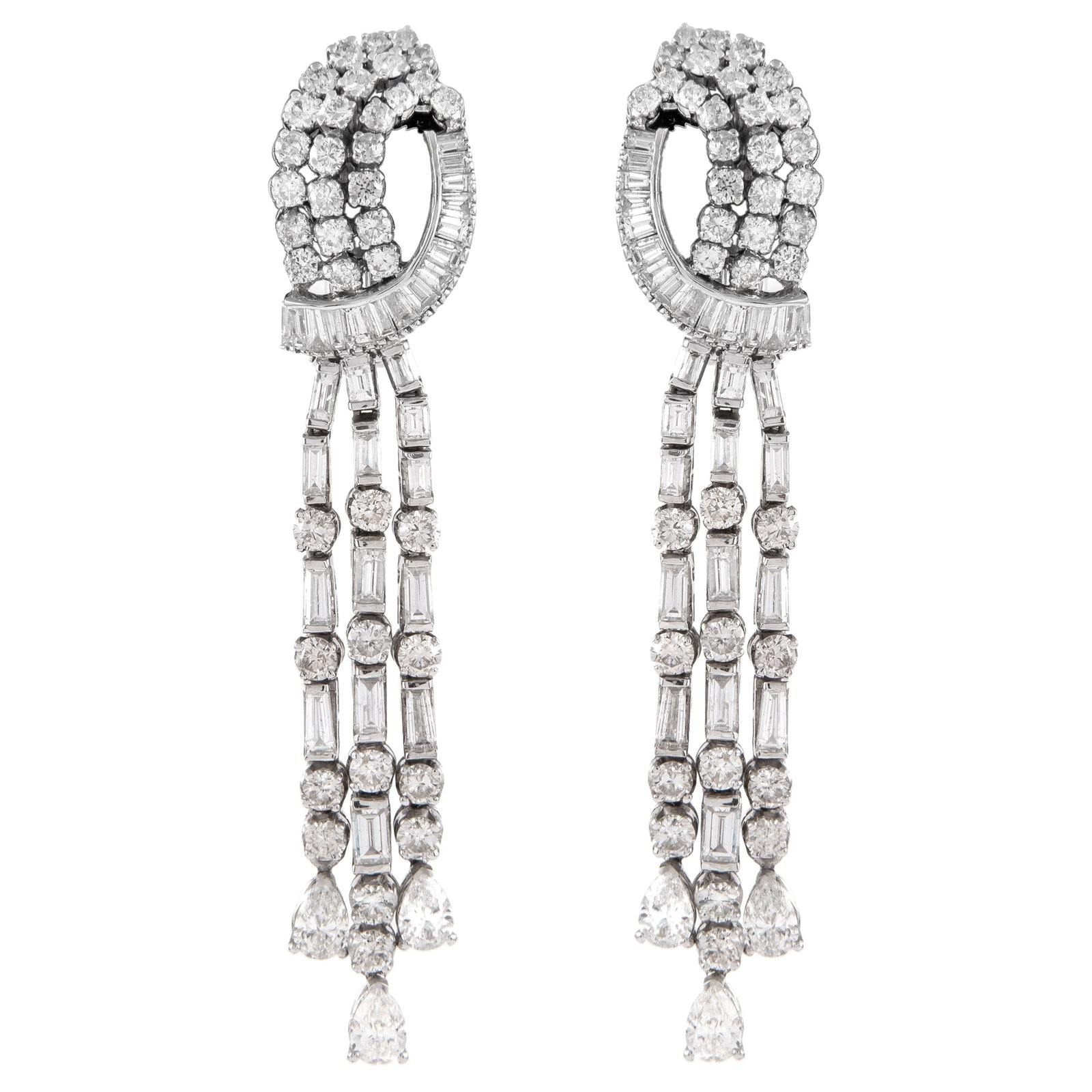 Vintage 17.50ct Diamond Chandelier Earrings in White Gold: Vintage 17.50ct Diamond Chandelier Earrings in White Gold Elevate your elegance with these stunning vintage chandelier earrings, featuring approximately 17.50 carats of exquisite pear, baguette, and r