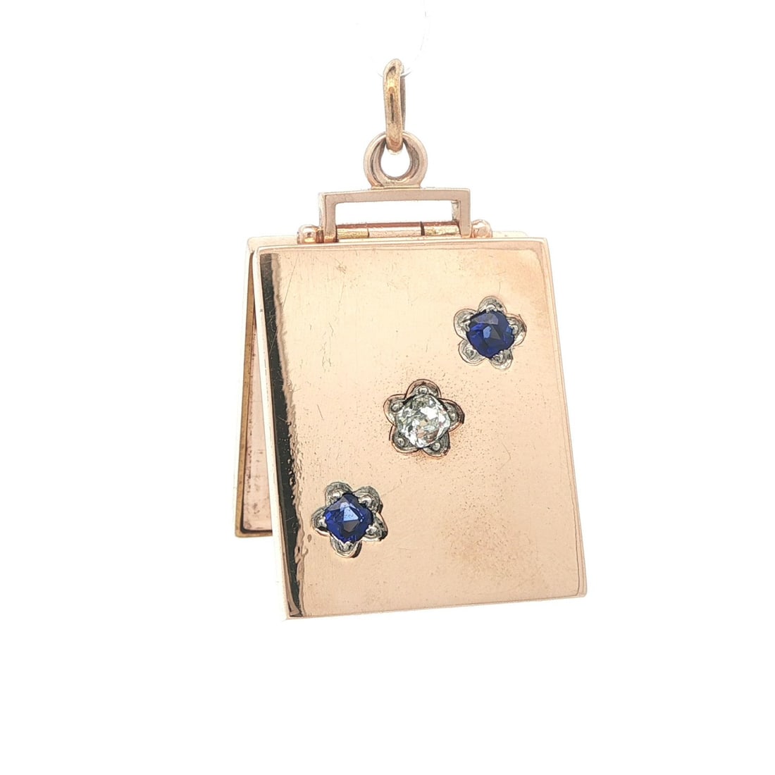 Large Antique Rectangular Locket in Solid Rosy Gold with Star Pave Diamond - 4