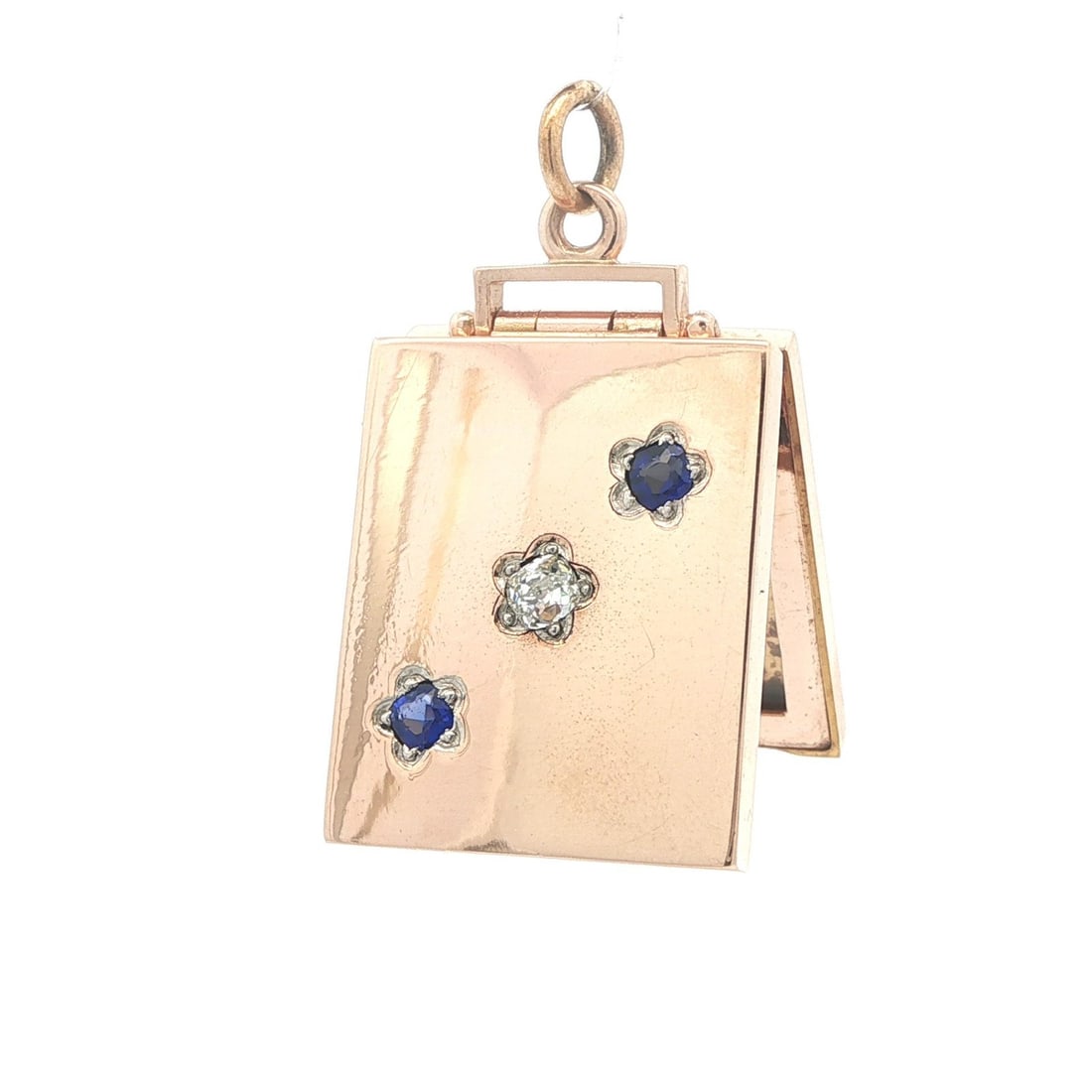 Large Antique Rectangular Locket in Solid Rosy Gold with Star Pave Diamond - 5