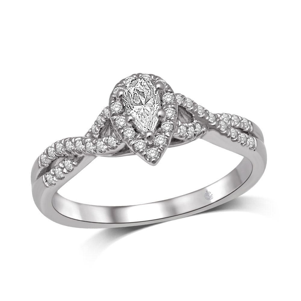 14K White Gold 1/2 Ct.Tw. Diamond Halo Engagement Ring: 14K White Gold 1/2 Ct.Tw. Diamond Halo Engagement Ring This eye-catching Halo Engagement Ring is available in 14K White Gold. There are 54 round diamonds with a total carat weight of 1/2 Ct.Tw. set in