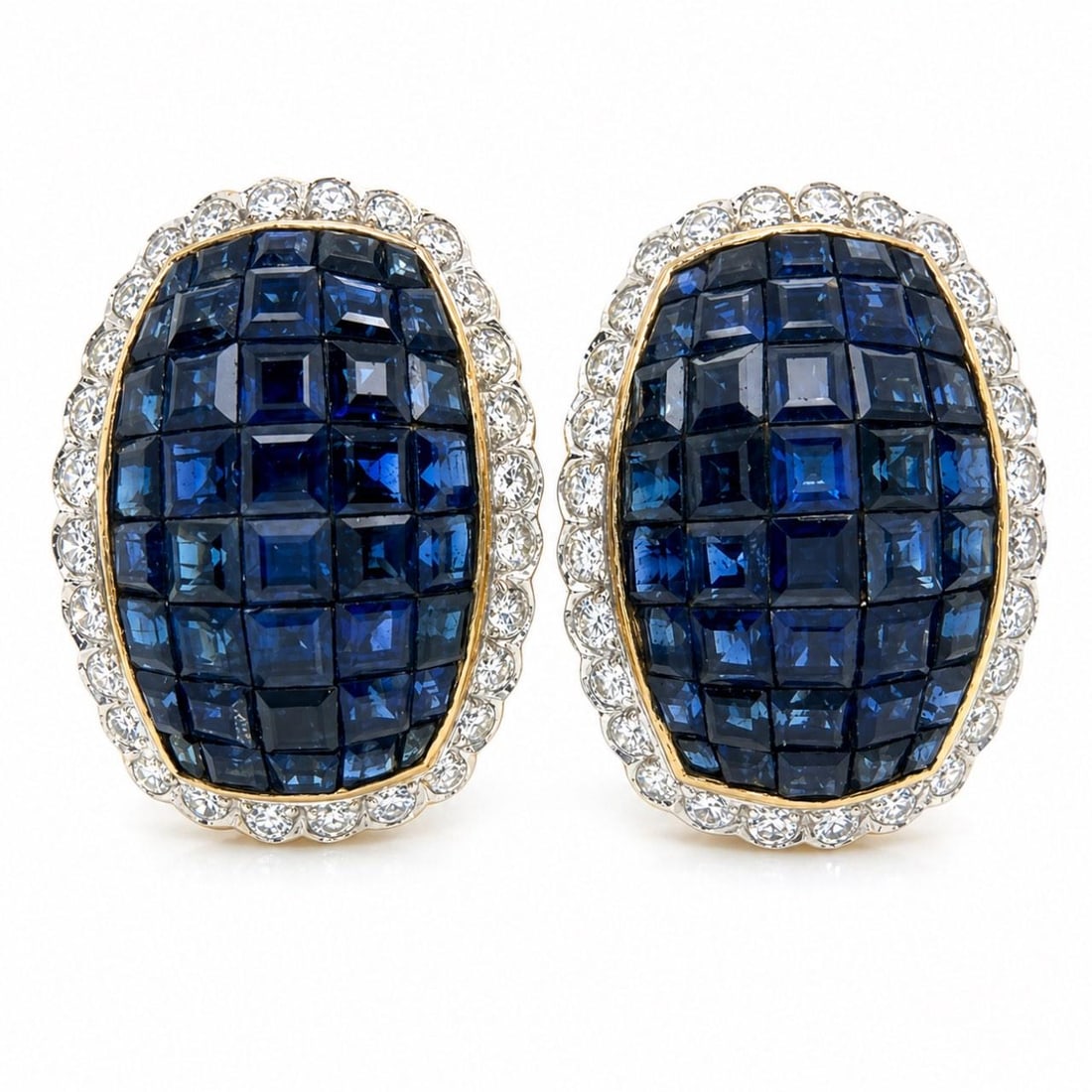 Sapphire and Diamond Earrings in 18K Yellow Gold with 80 Sapphires: Sapphire and Diamond Earrings in 18K Yellow Gold with 80 Sapphires Elegant earrings crafted from 18K yellow gold, featuring 80 sapphires with a total weight of approximately 6.40 carats and 56 diamond
