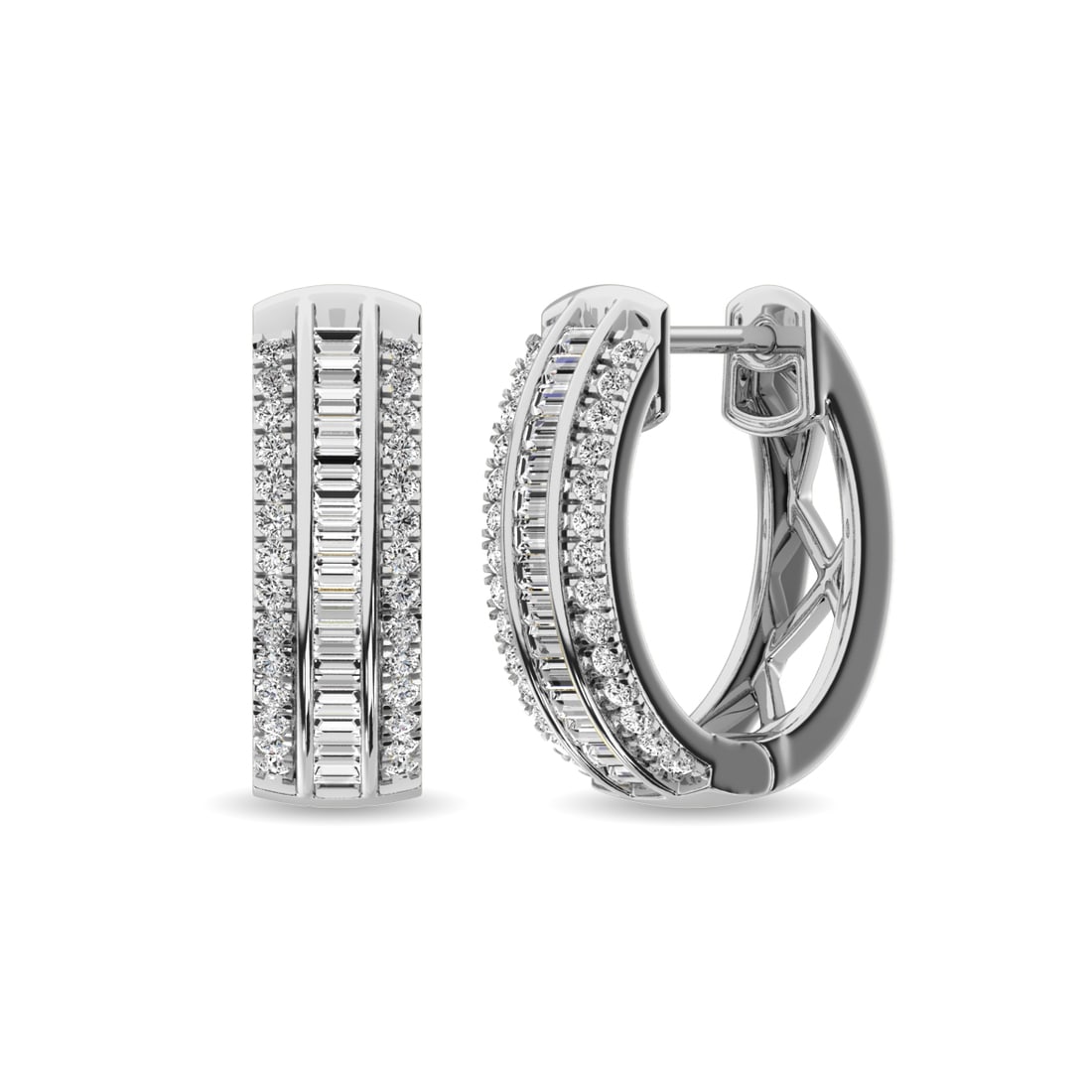 Diamond 1/3 Ct.Tw. Round and Baguette Hoop Earrings in 10K White Gold: Diamond 1/3 Ct.Tw. Round and Baguette Hoop Earrings in 10K White Gold 10k White Gold Stone Color: G-h Stone Clarity: I1 This item may take 2-5 weeks for shipping. PLEASE NOTE: Framed, Large, or heavy 