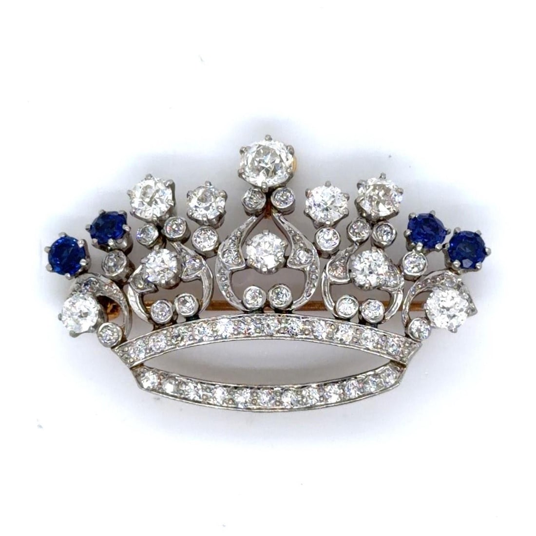 Diamond and Sapphire Crown Brooch in 18K Gold and Platinum with 62 Old Mine Stones (1 of 5)