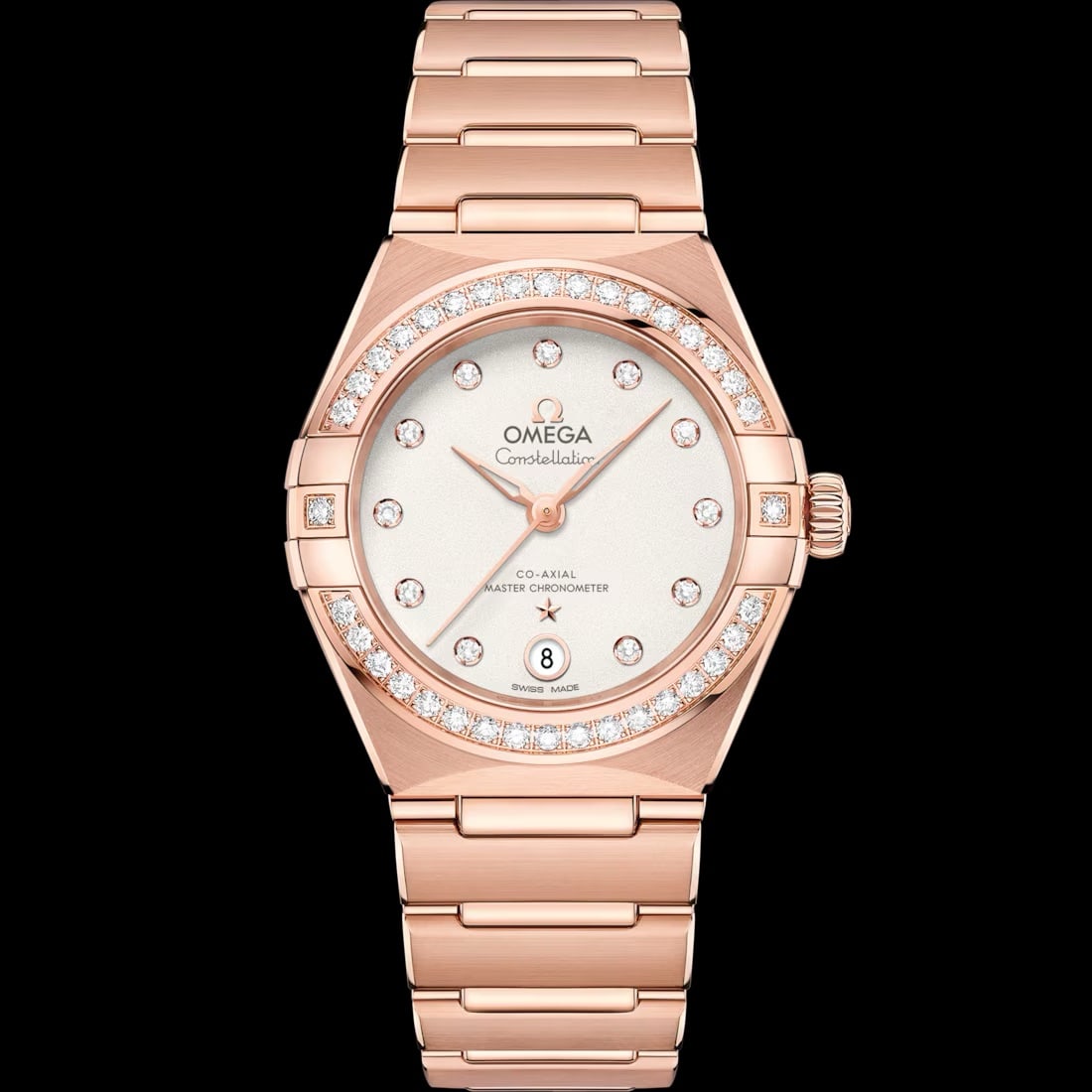 Omega Constellation 18k Rose Gold 29mm Diamond Dial Watch Ref 131.55.29.20.52.001 Card: Omega Constellation 18k Rose Gold 29mm Diamond Dial Watch Ref 131.55.29.20.52.001 Card This Omega Constellation watch features a 29mm case crafted from 18k rose gold and is adorned with a silver diamo