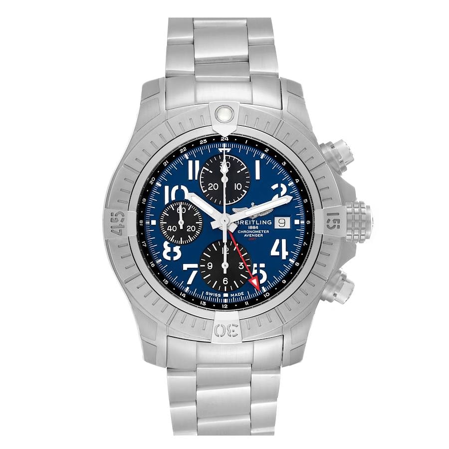 Men's Avenger GMT Chronograph Blue Dial Watch Ref A24315 with Card 2023: Men's Avenger GMT Chronograph Blue Dial Watch Ref A24315 with Card 2023 This is a men's Breitling Avenger Chronograph GMT watch, reference A24315. It features a blue dial with Arabic numerals and chro
