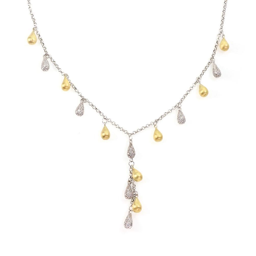 14k Two Tone Gold Diamond Teardrop Charms Necklace 2.00ct: 14k Two Tone Gold Diamond Teardrop Charms Necklace 2.00ct This exquisite necklace showcases a sophisticated design crafted from 14k yellow and white gold. Featuring a round link chain, the centerpiece