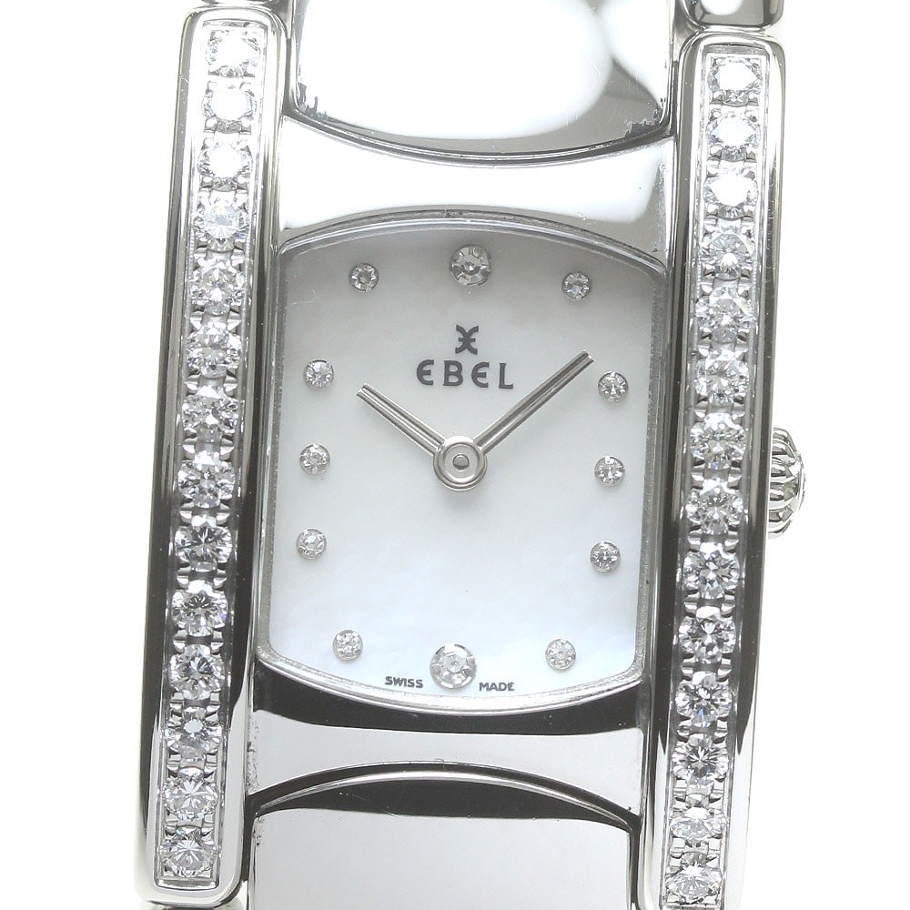 EBEL Beluga Cuff quartz diamond bezel women's wristwatch: EBEL Beluga Cuff quartz diamond bezel women's wristwatch This EBEL Beluga Cuff women's wristwatch features a stainless steel case and bracelet, complemented by a diamond bezel and a white shell dial. 