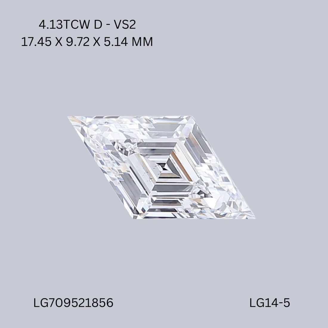 Loose Diamond - LOZENGE 4.13ct D VS2: Loose Diamond - LOZENGE 4.13ct D VS2 Source: This is a real non-mined Diamond that has been grown in a lab Shape: LOZENGE Carats: 4.13 Color: D Clarity: VS2 Certification: IGI Video: