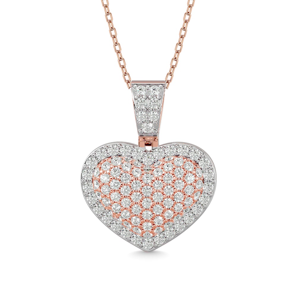 Diamond 1 1/2 Ct.tw Heart Pendant in 10K Pink Gold With White Gold Touch: Diamond 1 1/2 Ct.tw Heart Pendant in 10K Pink Gold With White Gold Touch Wow her with this beautiful heart pendant. Crafted in cool 10K Pink Gold, this dazzling design features a shimmering round cut 