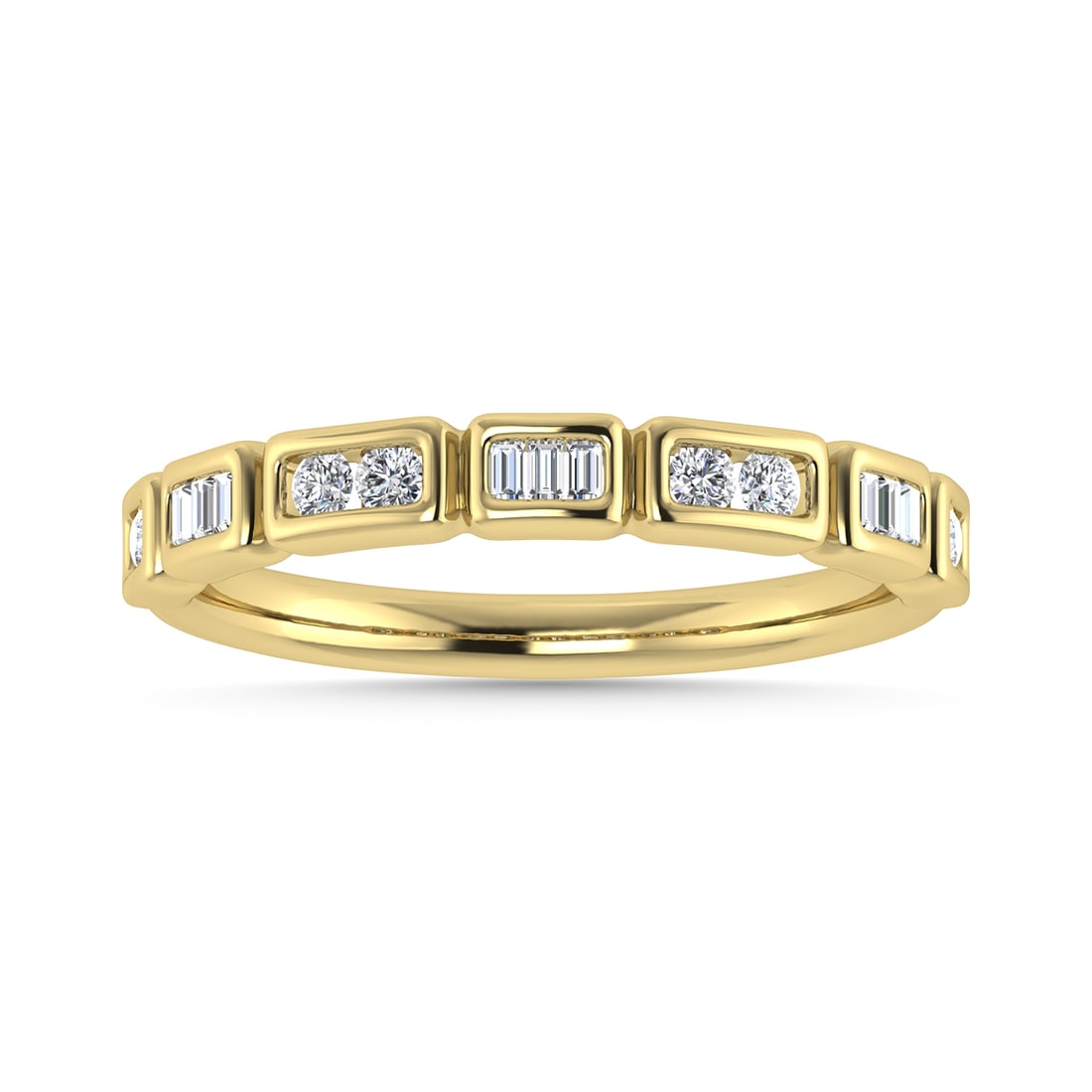 Diamond 1/5 Ct.Tw. Round and Straight Baguette Stack Band in 14K Yellow Gold: Diamond 1/5 Ct.Tw. Round and Straight Baguette Stack Band in 14K Yellow Gold 14k Yellow Gold Stone Color: G-h Stone Clarity: I1 Each ring is presented in standard size 6.5. Complimentary resizing is