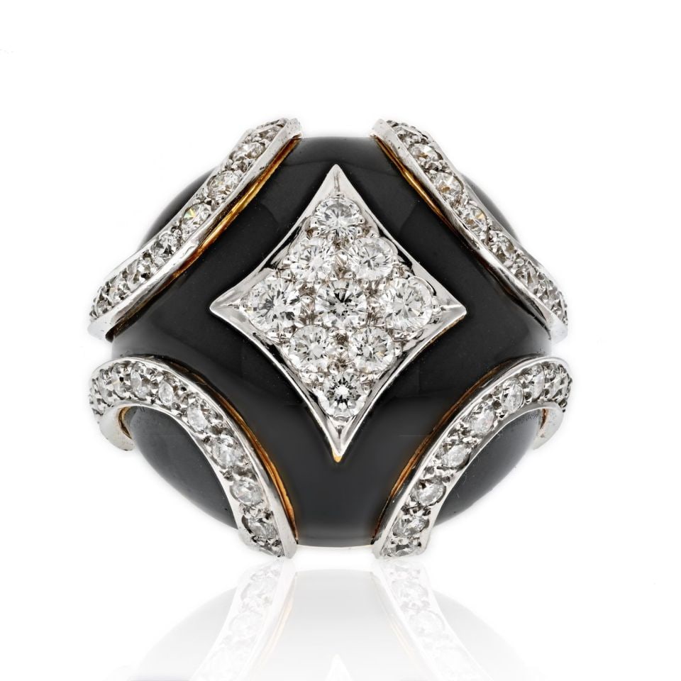 David Webb Diamond Bombe Ring Platinum 18K Gold Black Enamel: David Webb Diamond Bombe Ring Platinum 18K Gold Black Enamel Make a bold statement with this exquisite David Webb Platinum & 18K Yellow Gold Black Enamel Diamond Bombe Ring. This estate piece showcase