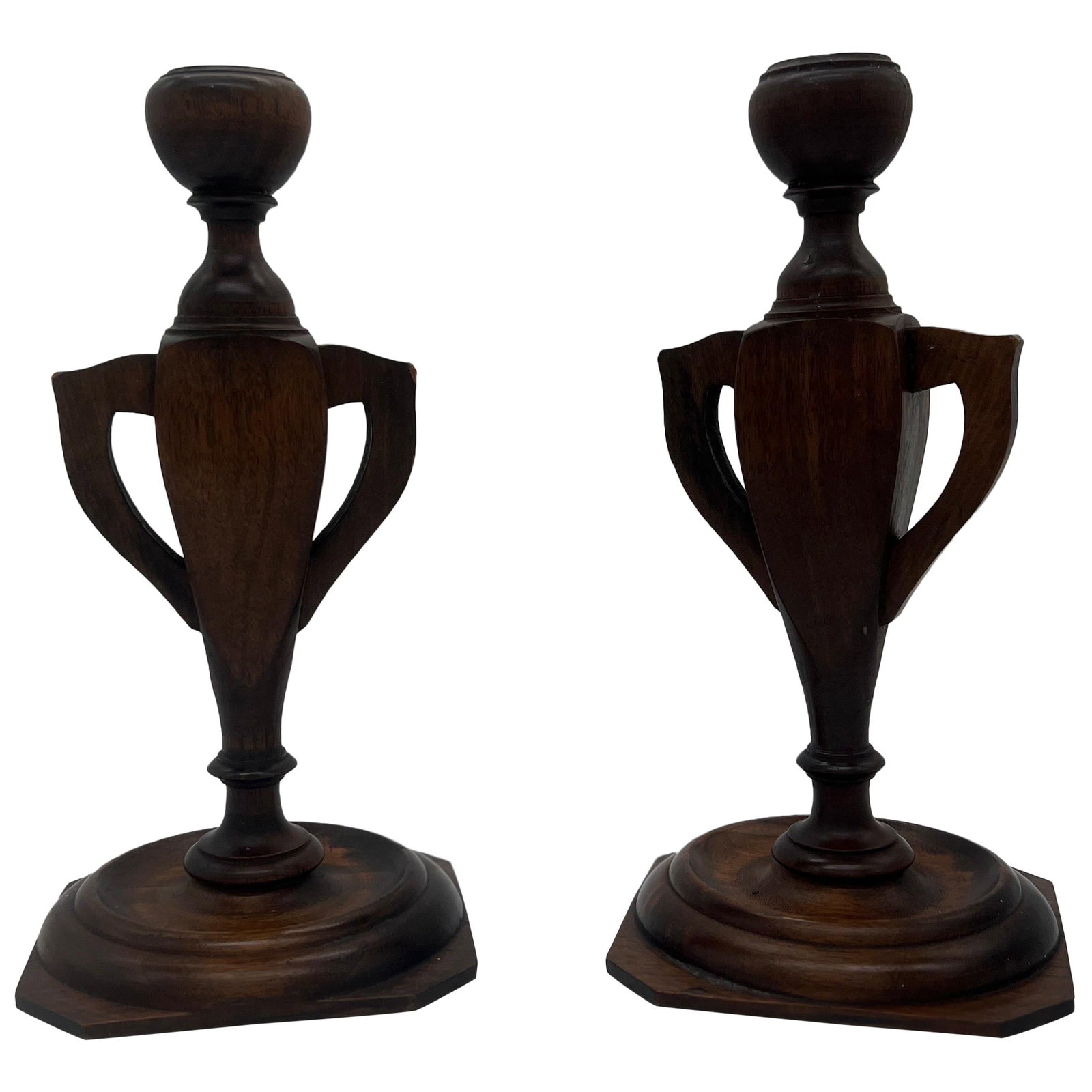 Set of 2 Arts and Crafts Trophy Urn Candlesticks Oak C. 1910 (1 of 6)