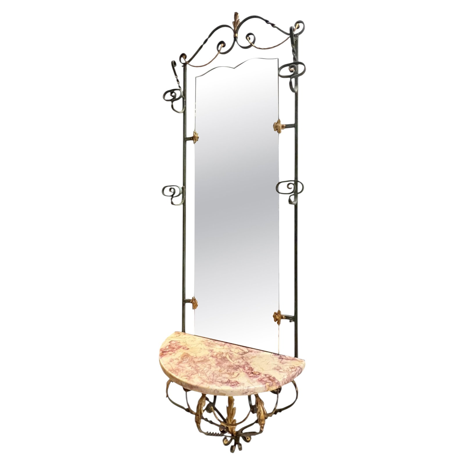 French Provincial Patinated Iron Console With Demilune Marble Top and Mirror (1 of 15)