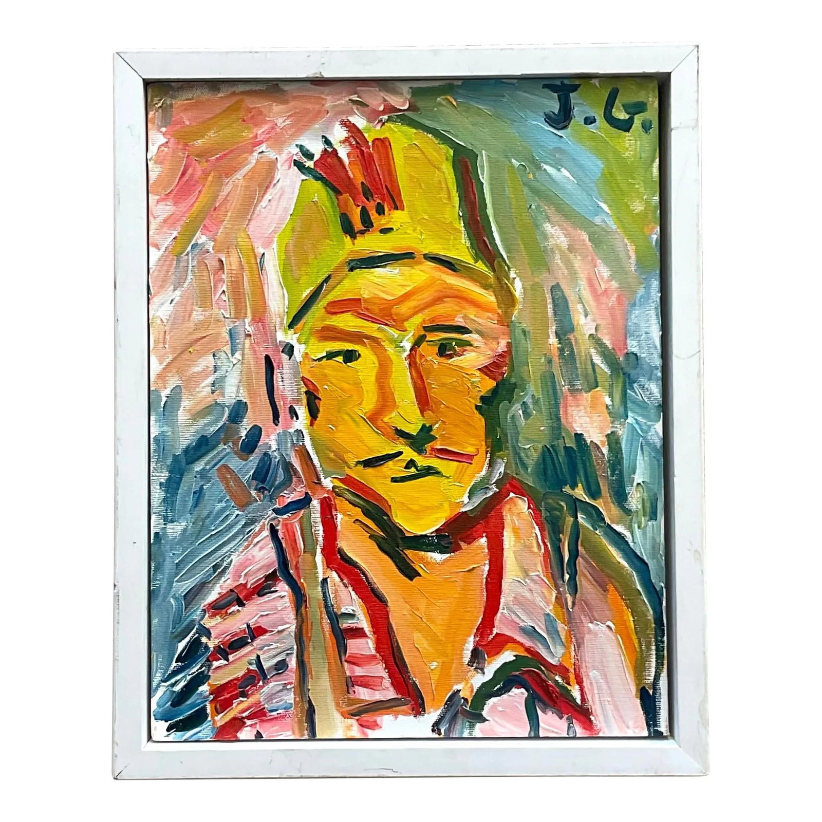 Fabulous Vintage Fauvist Signed Oil Portrait of Man in Fez: Fabulous Vintage Fauvist Signed Oil Portrait of Man in Fez Discover a captivating vintage oil portrait painting on board, showcasing a stylish and colorful depiction of a man in a fez. This original a