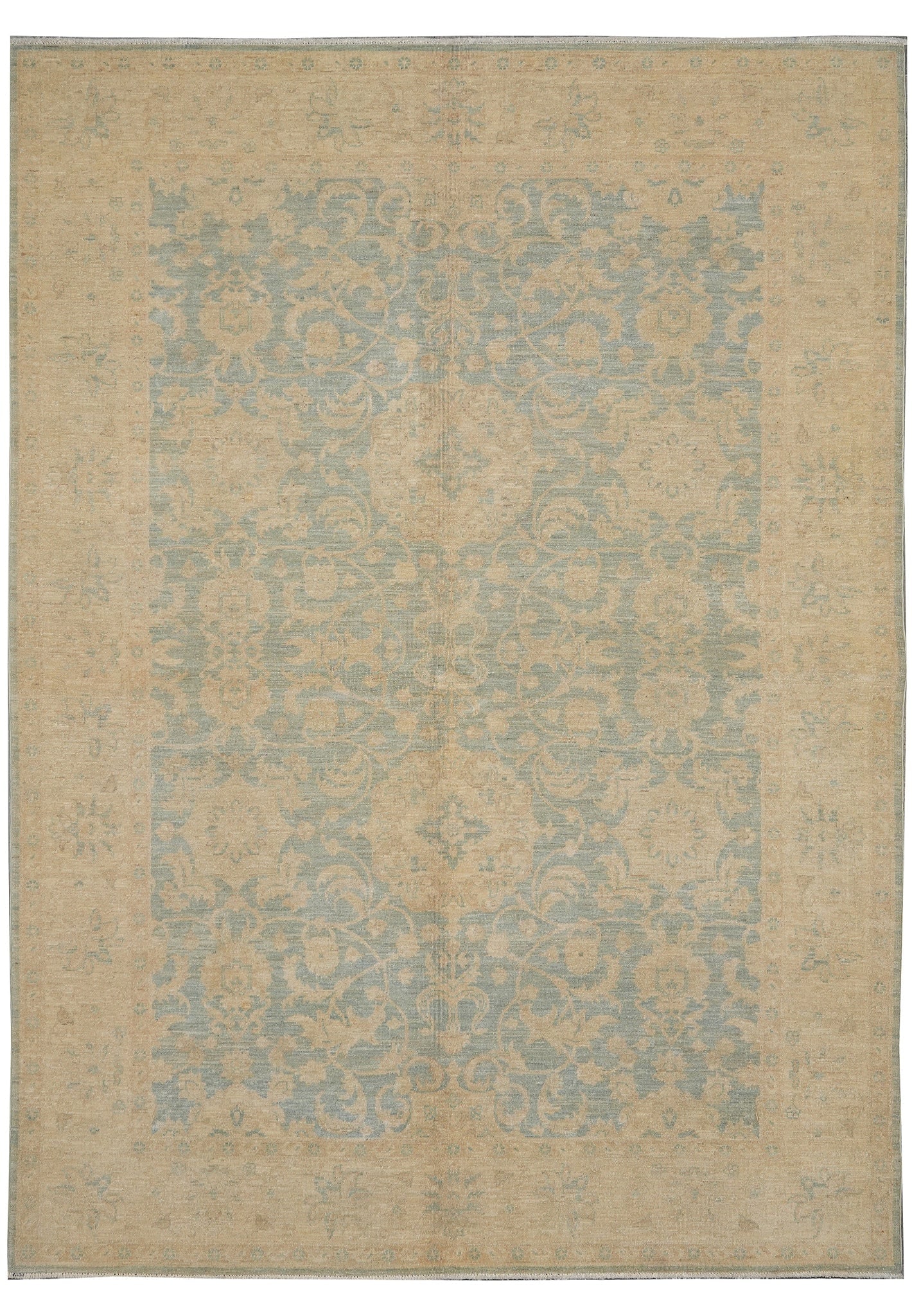 5.9 x 8 Natural Wool Hand-Knotted Rug in Neutral Teal and Gold: 5.9 x 8 Natural Wool Hand-Knotted Rug in Neutral Teal and Gold Free continental US Shipping This hand-knotted rug, measuring 5.9 x 8 feet, features a refined blend of neutral teal and gold tones craft