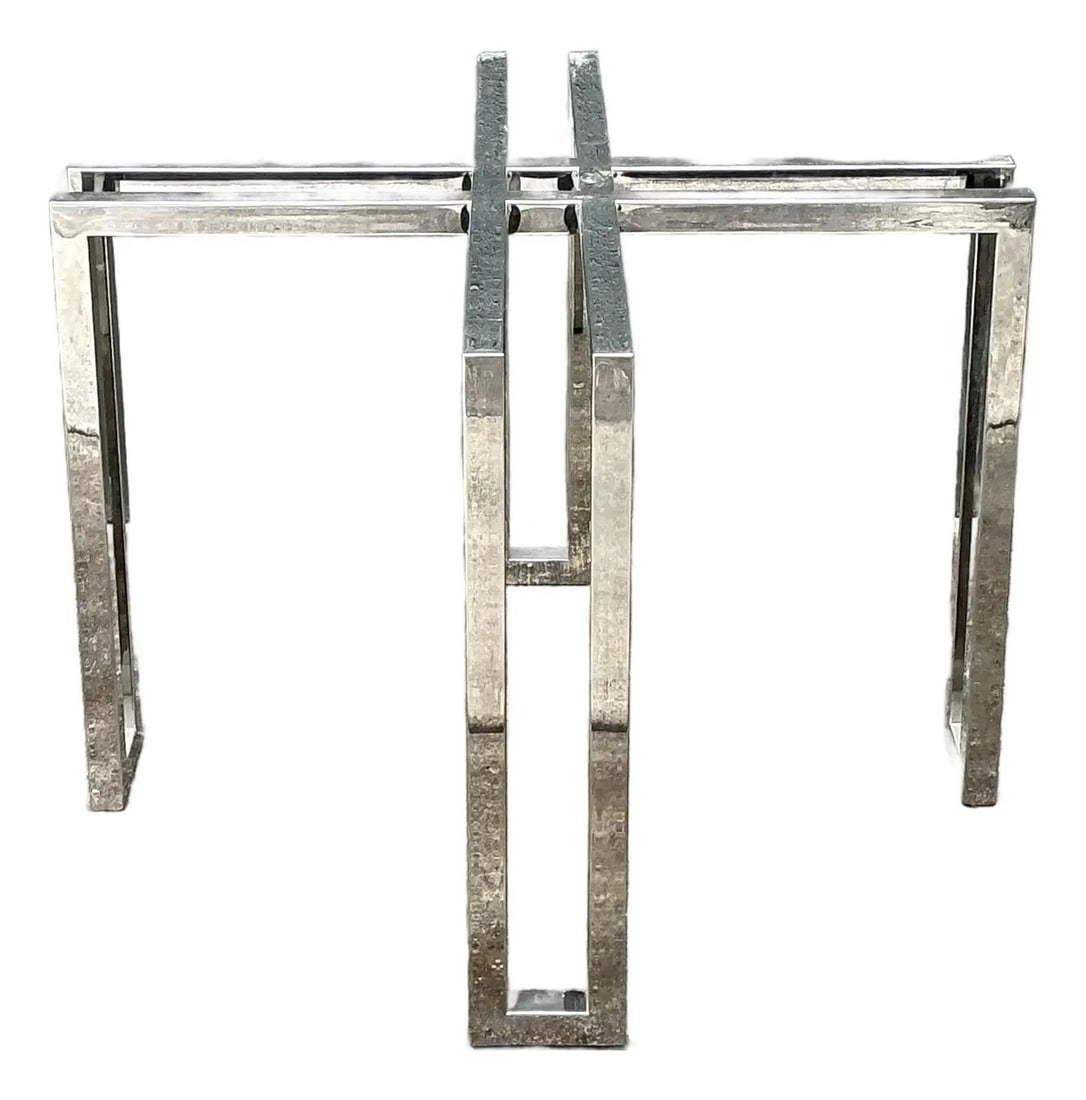 Postmodern chrome pedestal base 40x40x28.25H: Postmodern chrome pedestal base 40x40x28.25H This vintage table pedestal exemplifies Postmodern geometric design from the 1970s, featuring interlocking square frames crafted from high-polished chrome.