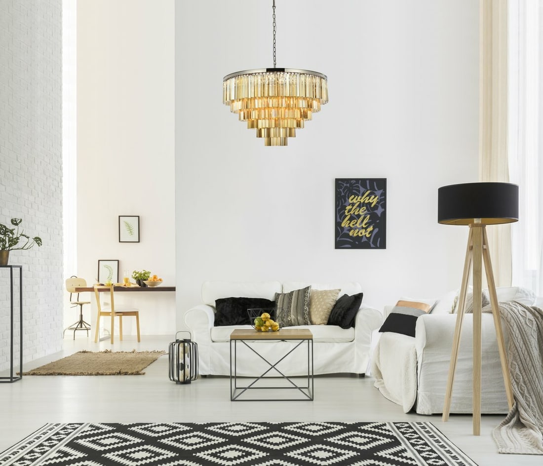 33-Light Golden Teak Crystal Chandelier Polished Nickel 44 Inch: 33-Light Golden Teak Crystal Chandelier Polished Nickel 44 Inch This large chandelier features a polished nickel frame adorned with Royal Cut golden teak crystals, offering a striking modern and conte