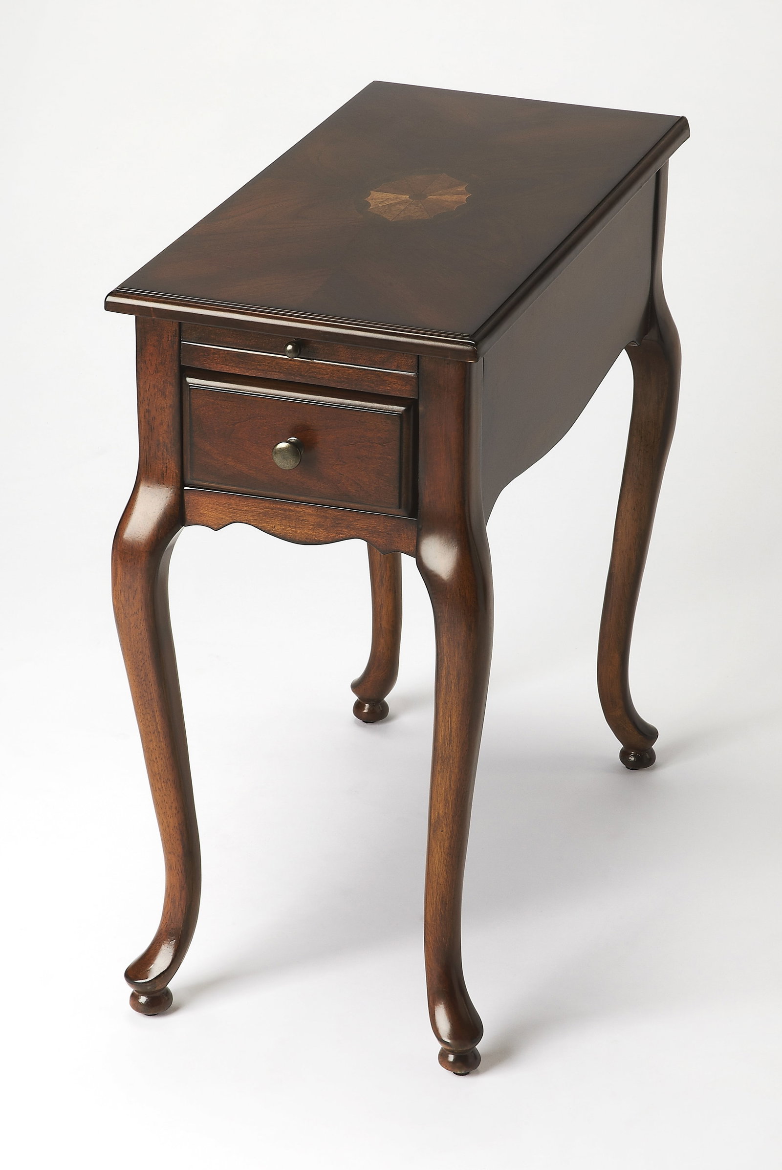 Butler Croydon Dark Cherry Side Table with Brass Pulls: Butler Croydon Dark Cherry Side Table with Brass Pulls This elegant Dark Cherry Side Table features a sophisticated antique or vintage style, perfect for adding a touch of class to your living space. 