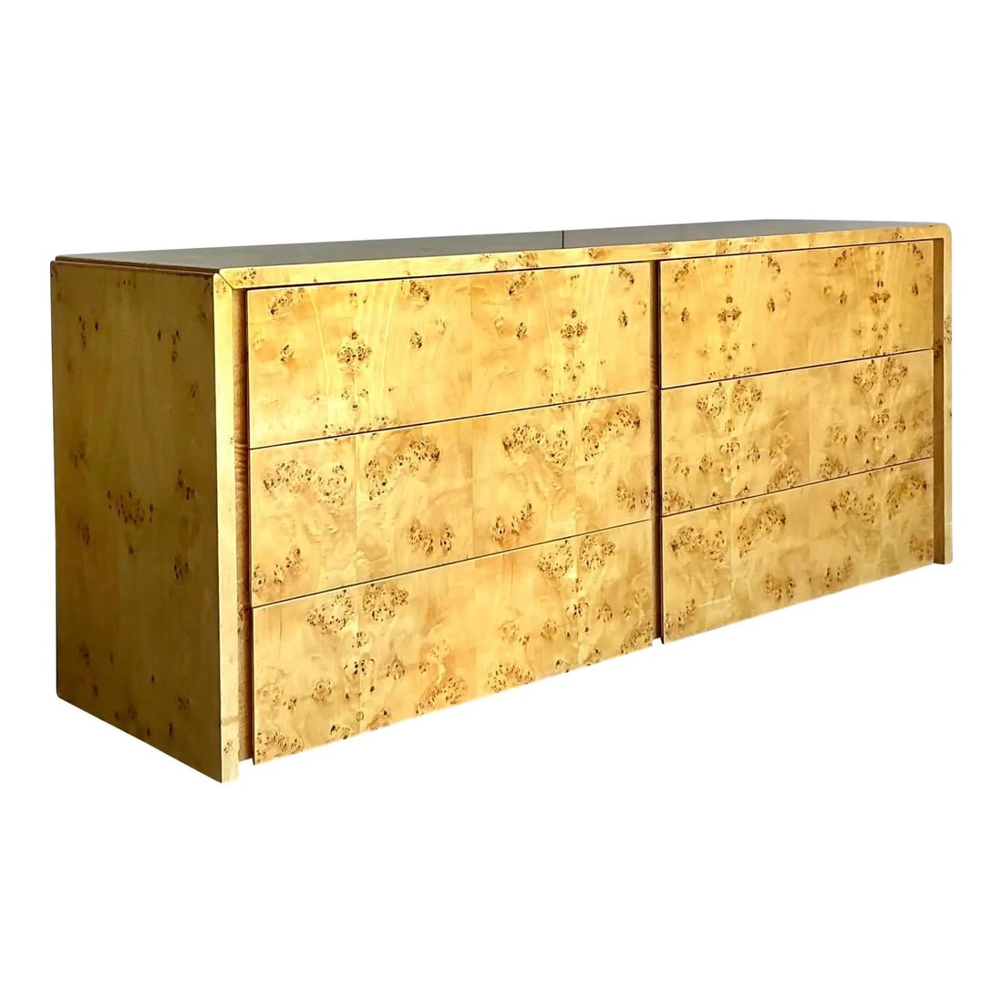 Six Drawer Olive Ash Burlwood Dresser Minimalist 1970s Intrex Design: Six Drawer Olive Ash Burlwood Dresser Minimalist 1970s Intrex Design This vintage Intrex dresser from the 1970s features a stunning book-matched olive ash burl veneer with clean, minimalist lines and 