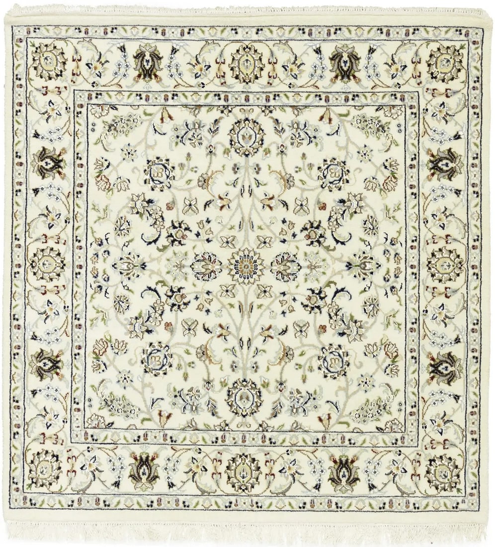 Wool and Silk Square Floral Indo-Nain Rug Hand-Knotted 4x4 Feet: Wool and Silk Square Floral Indo-Nain Rug Hand-Knotted 4x4 Feet This hand-knotted Indo-Nain square rug features a classic floral pattern in a blend of cream, buff, red, dark navy, light grey, green, t